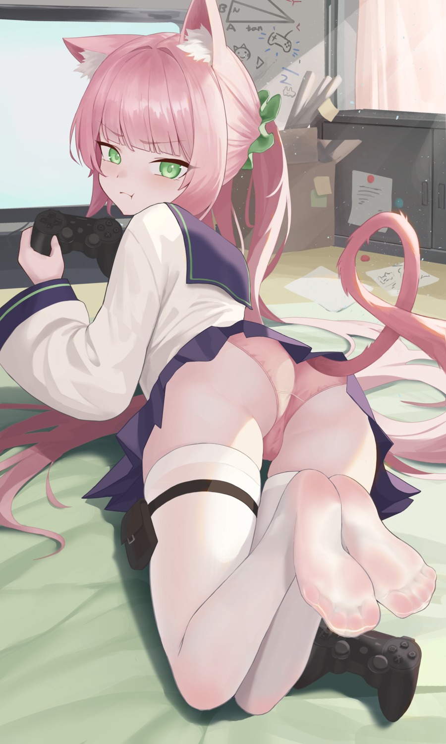 animal_ears ass cameltoe feet garter jixo_(user_nzhc8728) loli nekomimi pantsu seifuku skirt_lift tail thighhighs