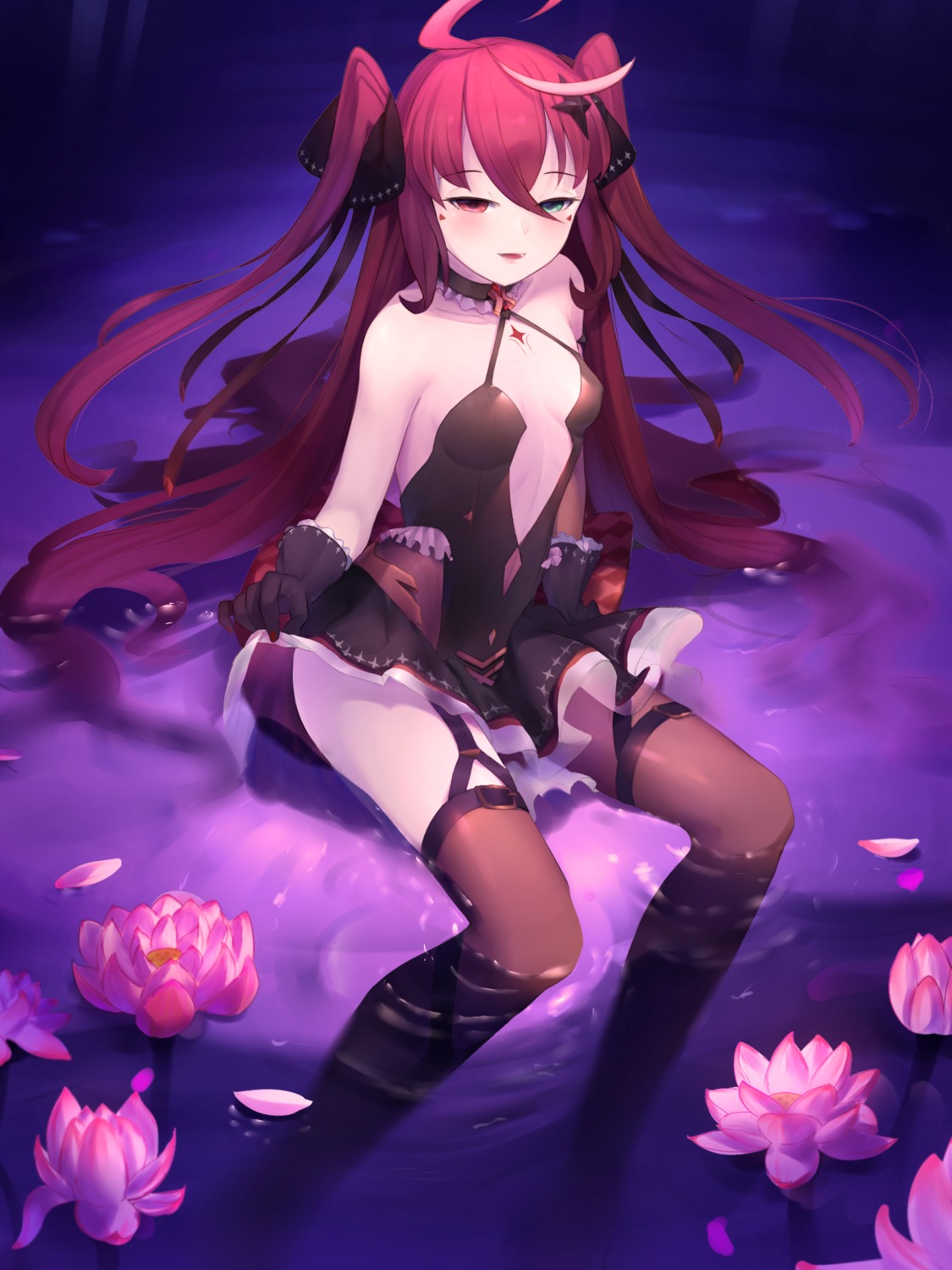 cleavage dress epic7 heterochromia no_bra skirt_lift somray stockings tattoo thighhighs wet