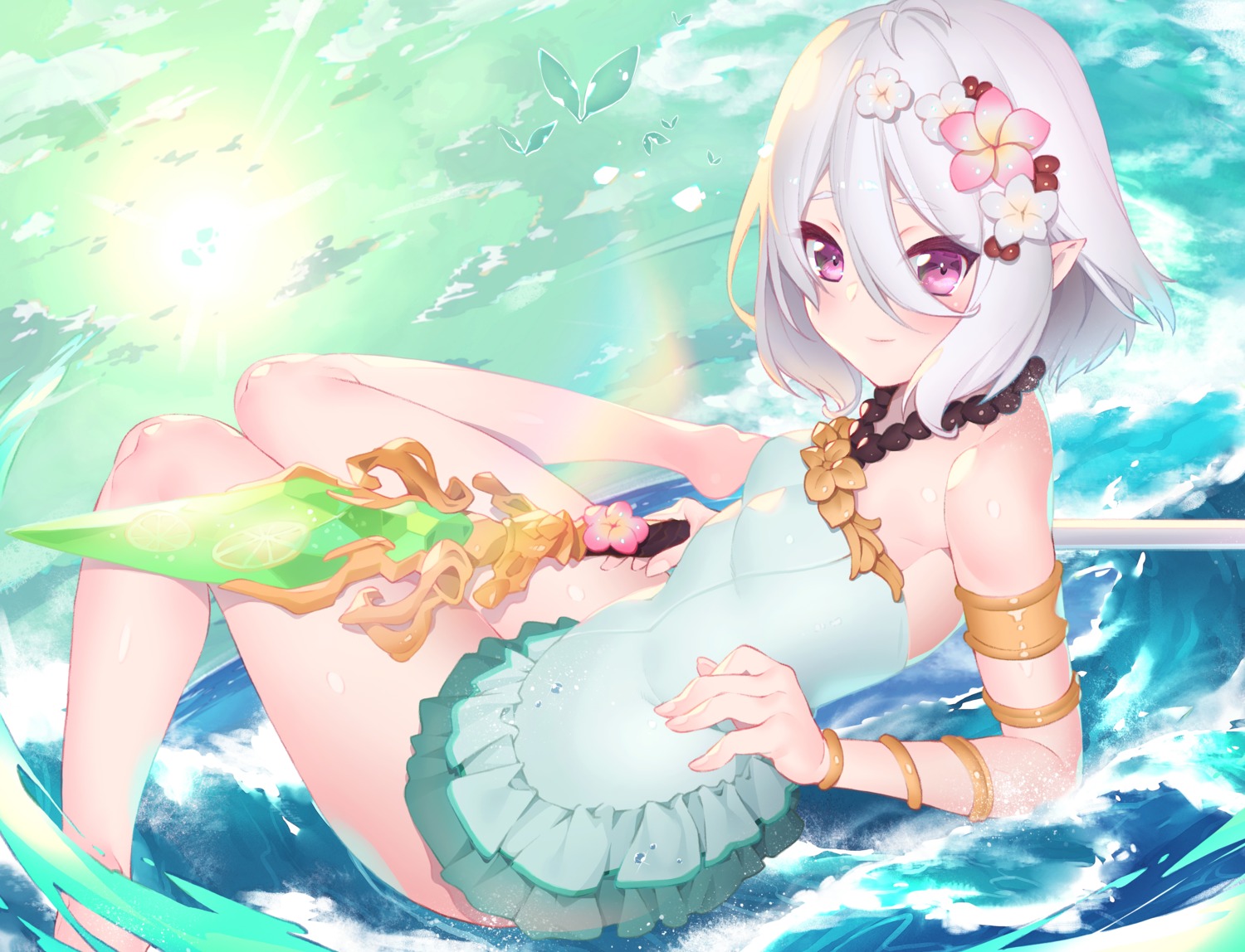 kokkoro pointy_ears princess_connect princess_connect!_re:dive swimsuits waterring weapon wet