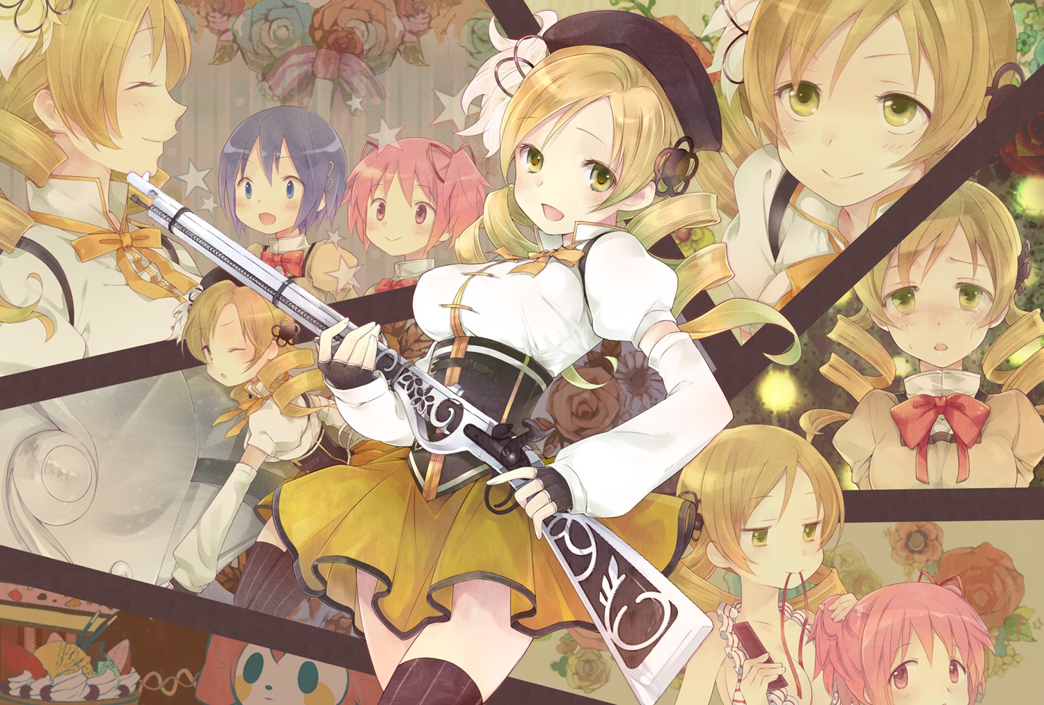 charlotte_(puella_magi_madoka_magica) gun hutuumikan kaname_madoka miki_sayaka puella_magi_madoka_magica seifuku thighhighs tomoe_mami