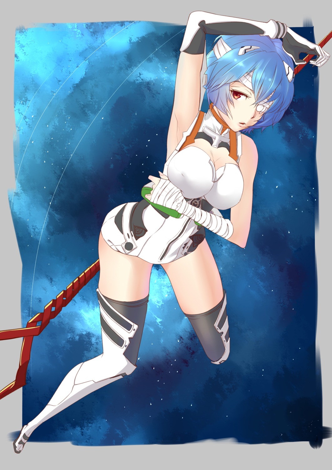 4cat ayanami_rei bandages bodysuit breast_hold erect_nipples neon_genesis_evangelion thighhighs weapon