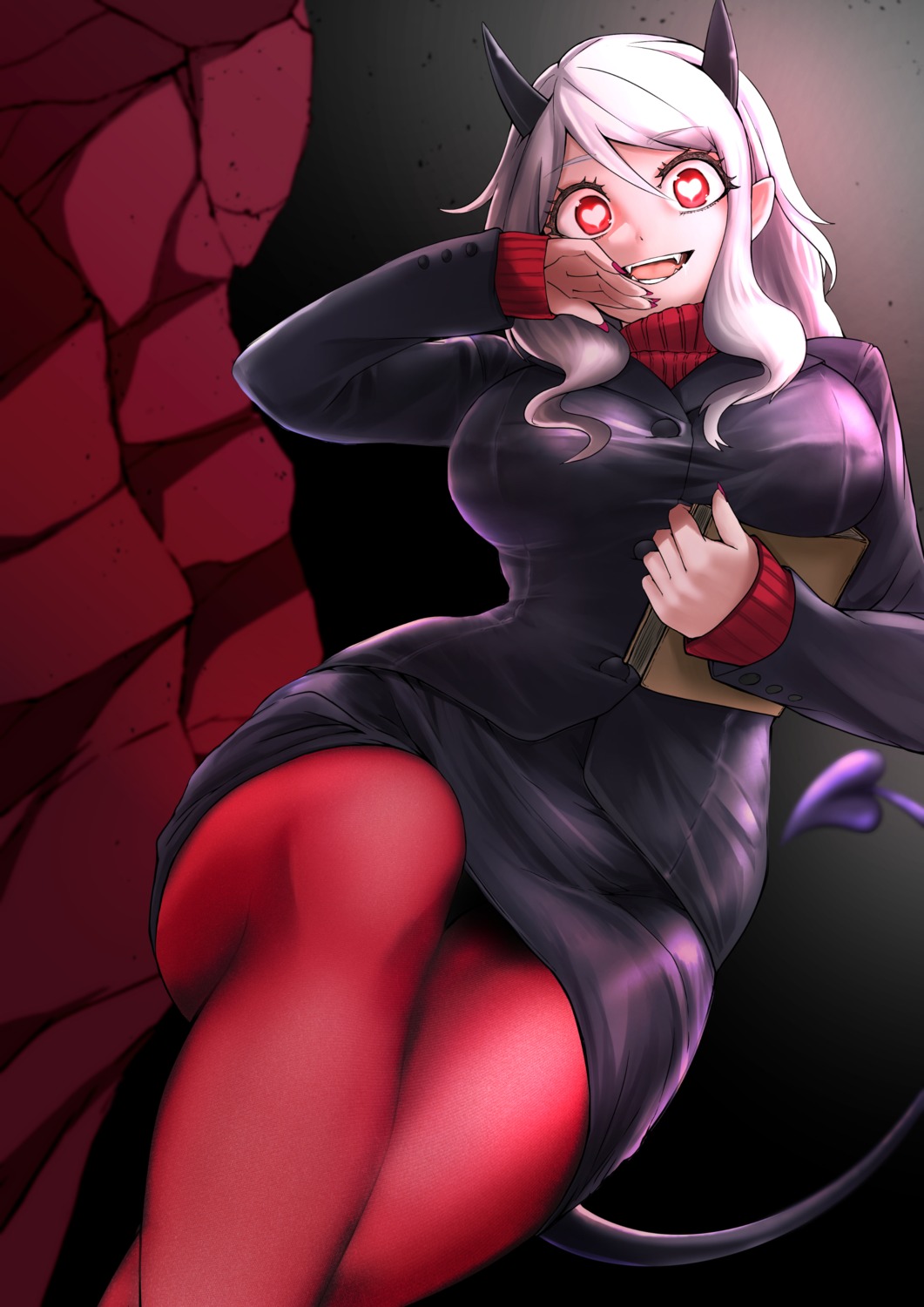 business_suit creid helltaker horns modeus_(helltaker) pantyhose skirt_lift sweater tail