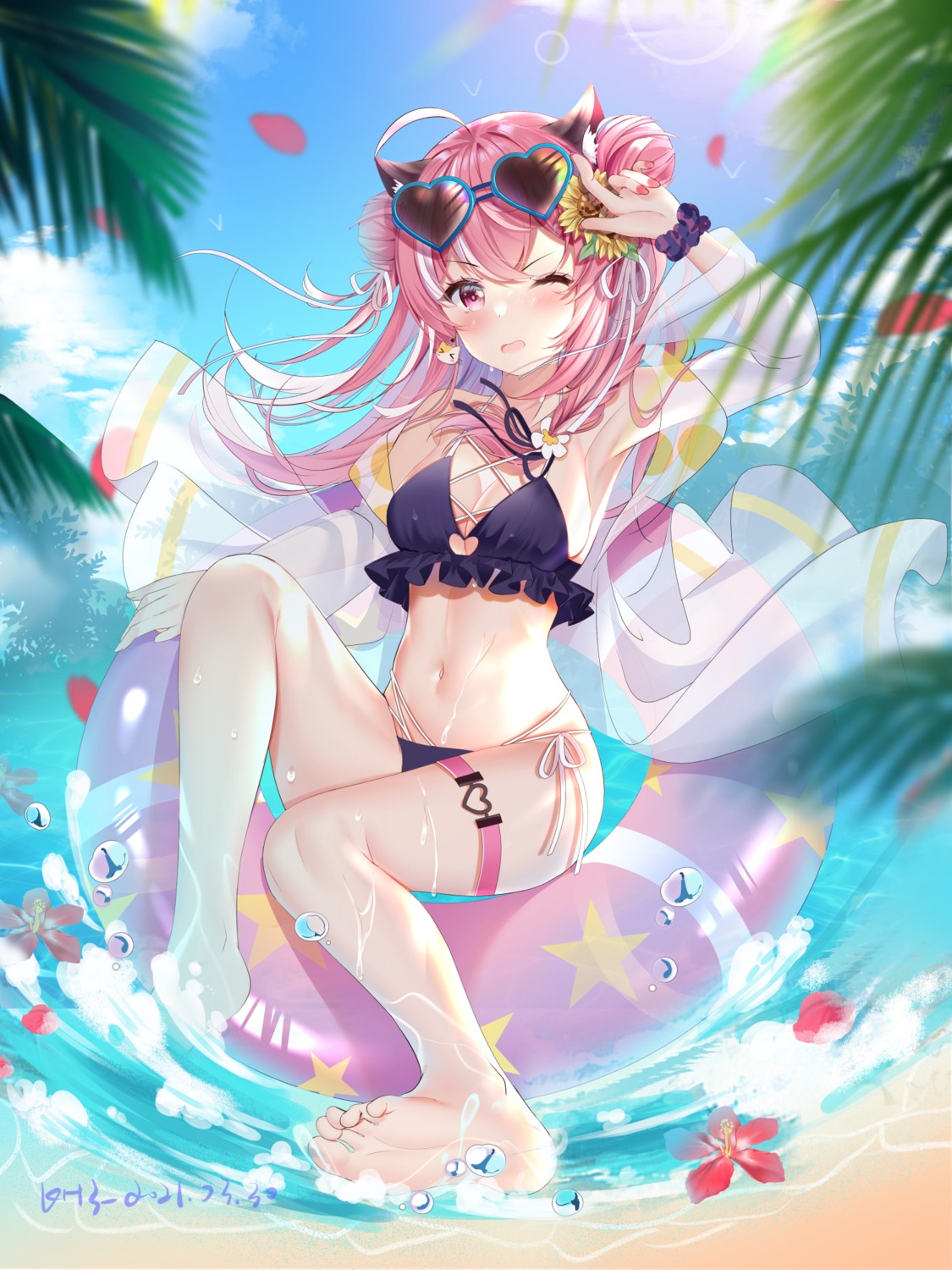 animal_ears bikini feet garter megane miaogujun open_shirt see_through swimsuits wet