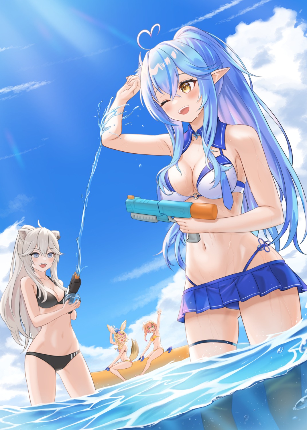 animal_ears bikini elf garter gun hololive jiu_fanglianhua momosuzu_nene omaru_polka pointy_ears shishiro_botan swimsuits tail wet yukihana_lamy