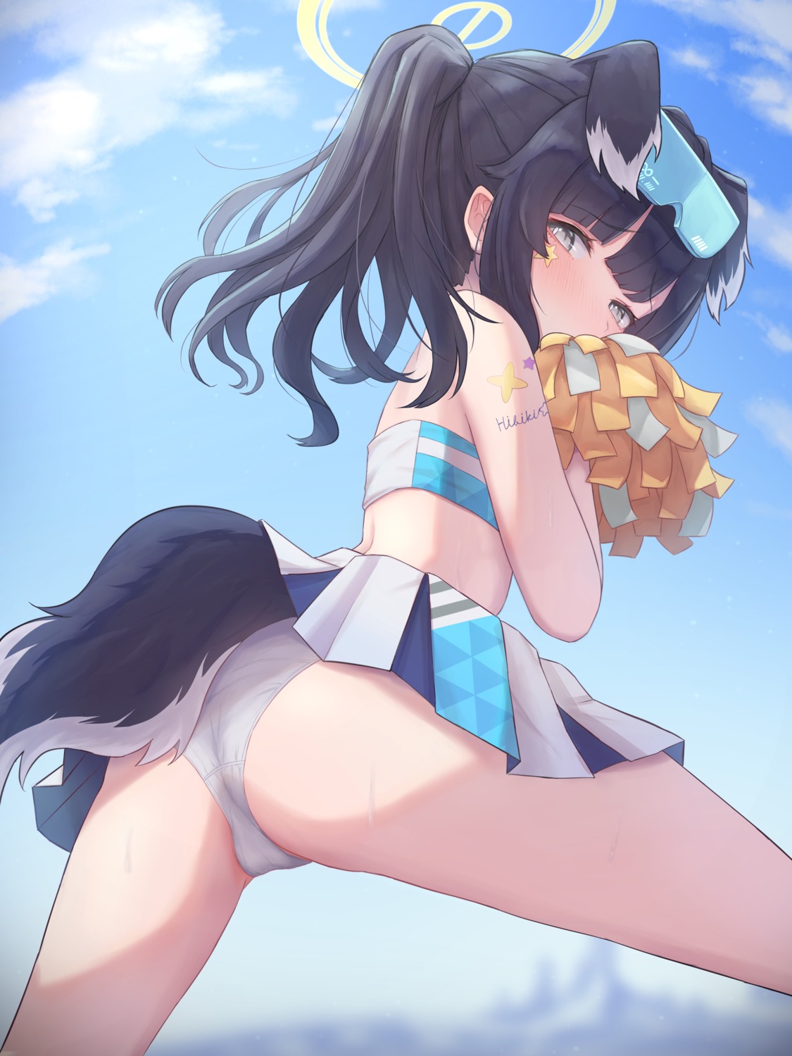 animal_ears ass blue_archive cheerleader halo inumimi kirakugakusyu nekozuka_hibiki pantsu skirt_lift tail tattoo