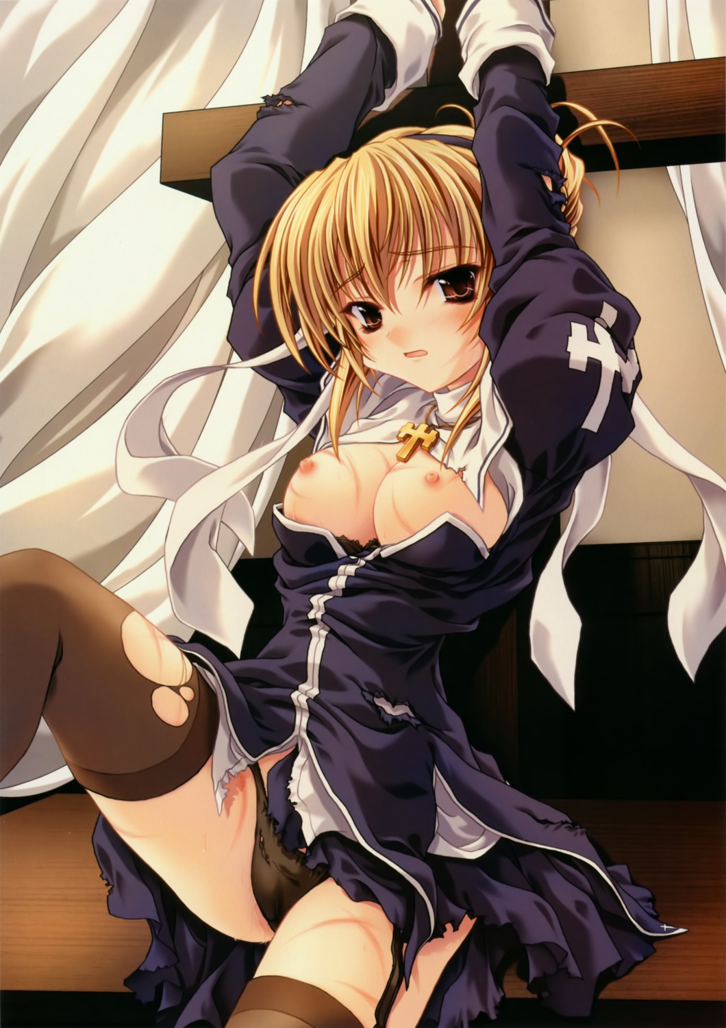 breasts cameltoe miyama-zero nipples nun pantsu stockings thighhighs torn_clothes