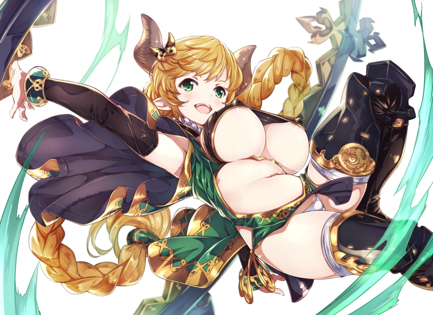 areola armor carmelina_(granblue_fantasy) erect_nipples granblue_fantasy horns niko_(tama) no_bra pantsu pointy_ears thighhighs underboob