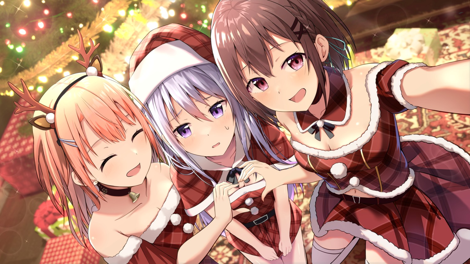 animal_ears cac_itinose christmas dress horns no_bra selfie thighhighs