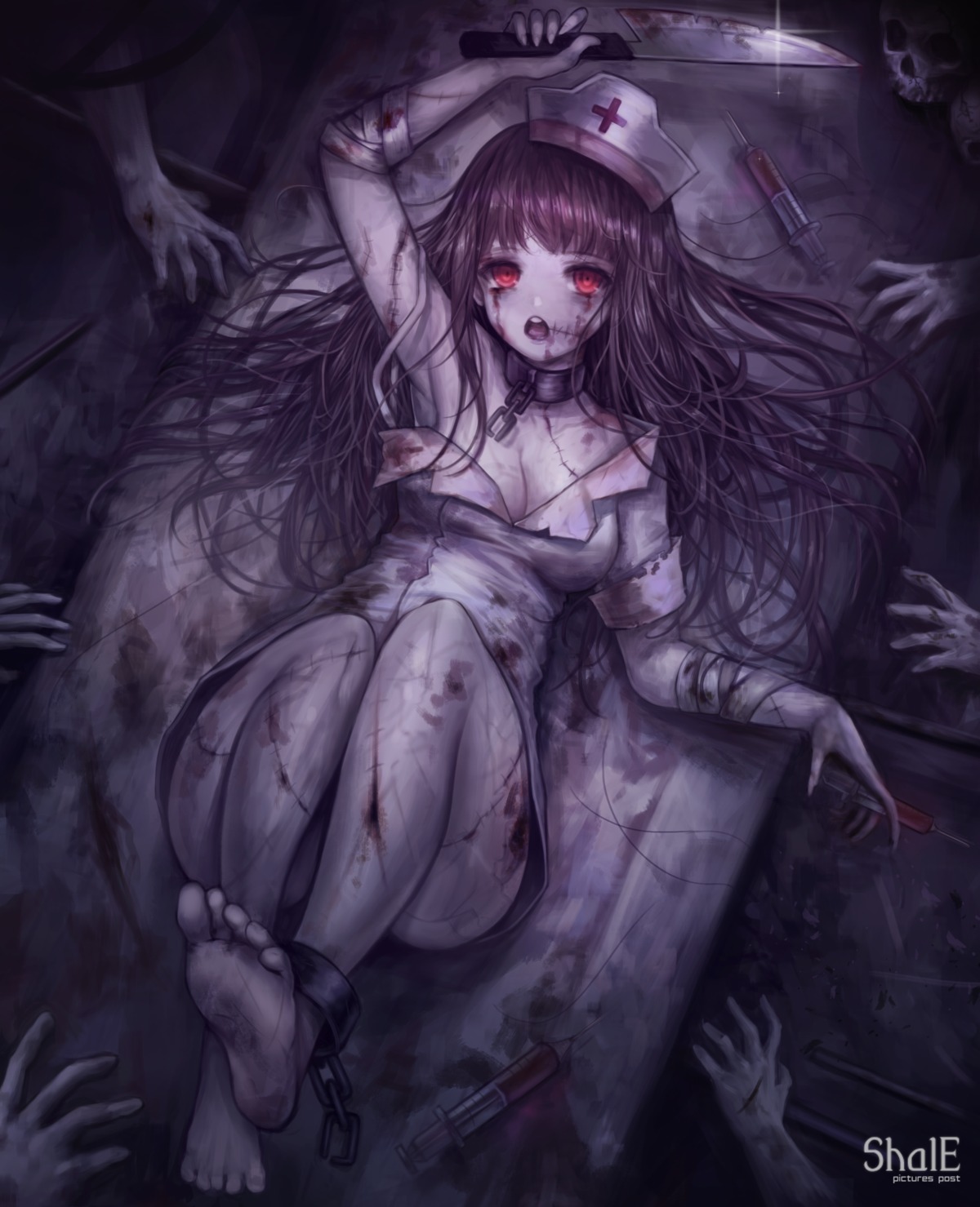 bandages blood cleavage feet no_bra nurse open_shirt shale torn_clothes weapon