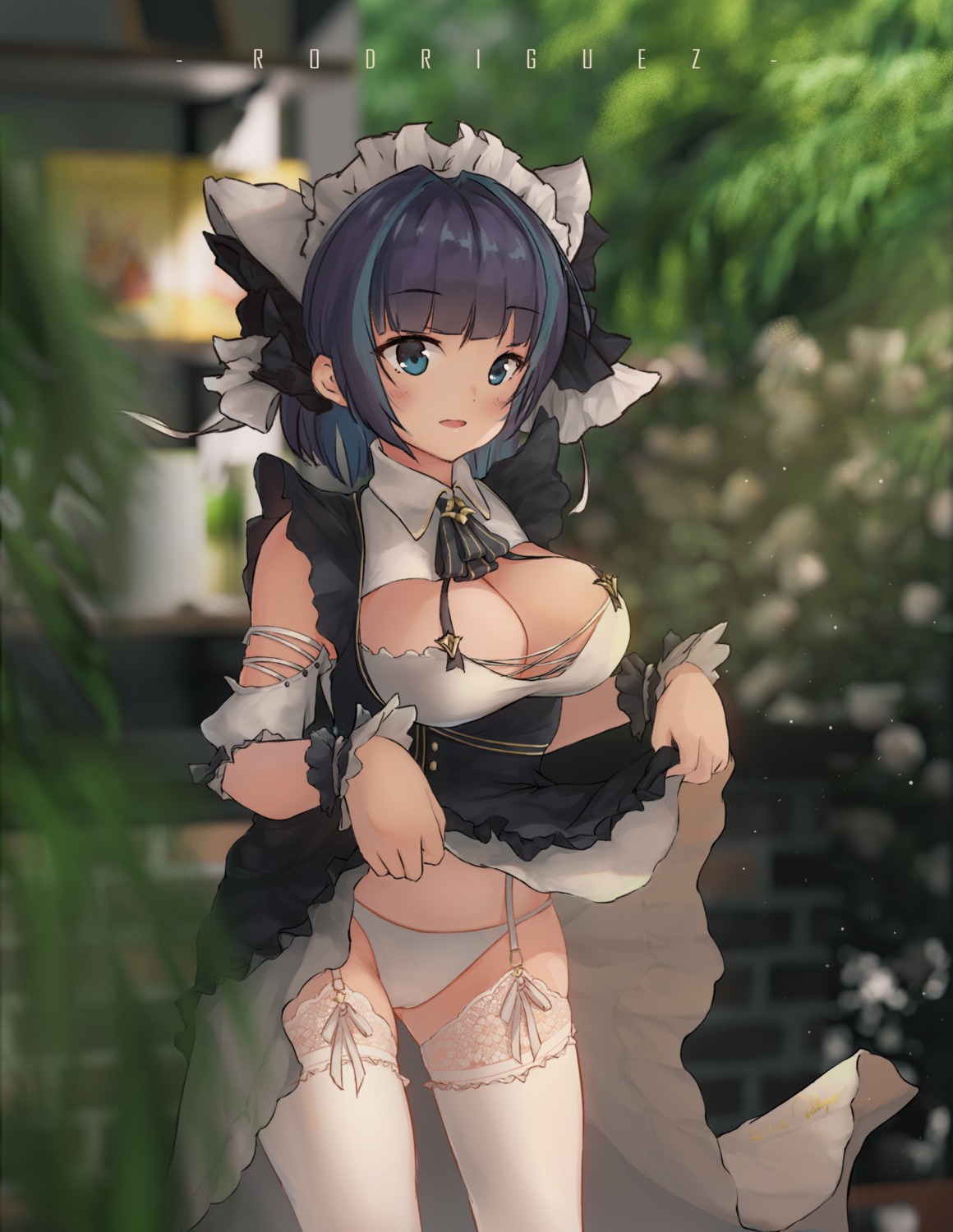 azur_lane cameltoe cheshire_(azur_lane) maid no_bra pantsu rodriguez_(kamwing) skirt_lift stockings thighhighs