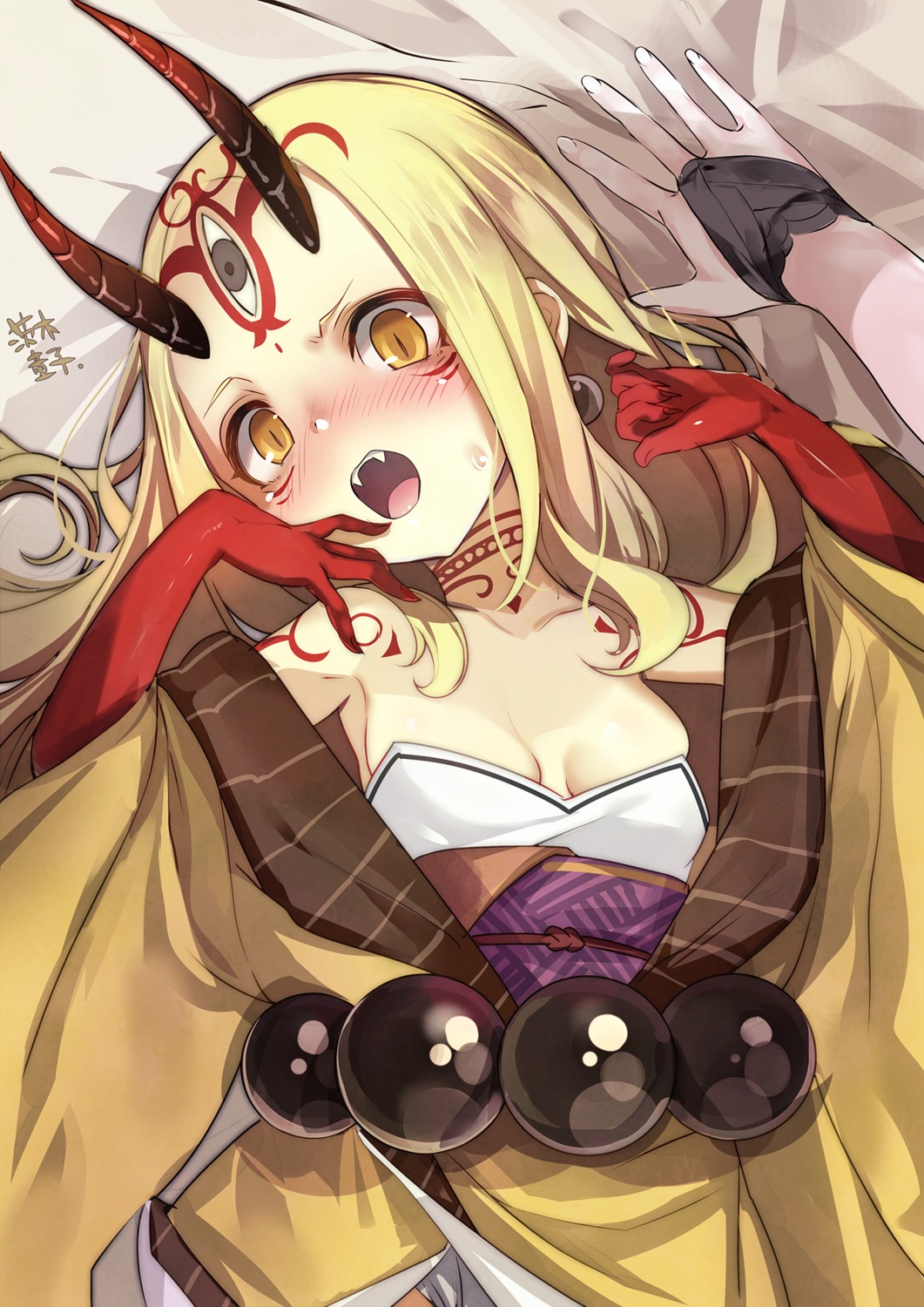 cleavage fate/grand_order horns ibaraki_douji_(fate/grand_order) japanese_clothes no_bra tattoo yamacchi