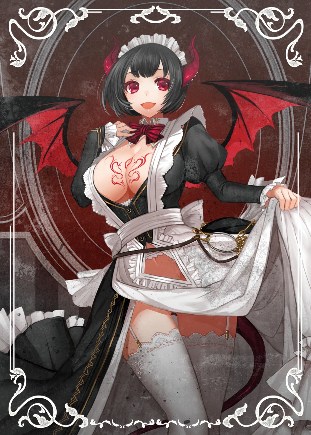 apt cleavage garter_belt horns maid no_bra nopan open_shirt skirt_lift stockings tail tattoo thighhighs wings