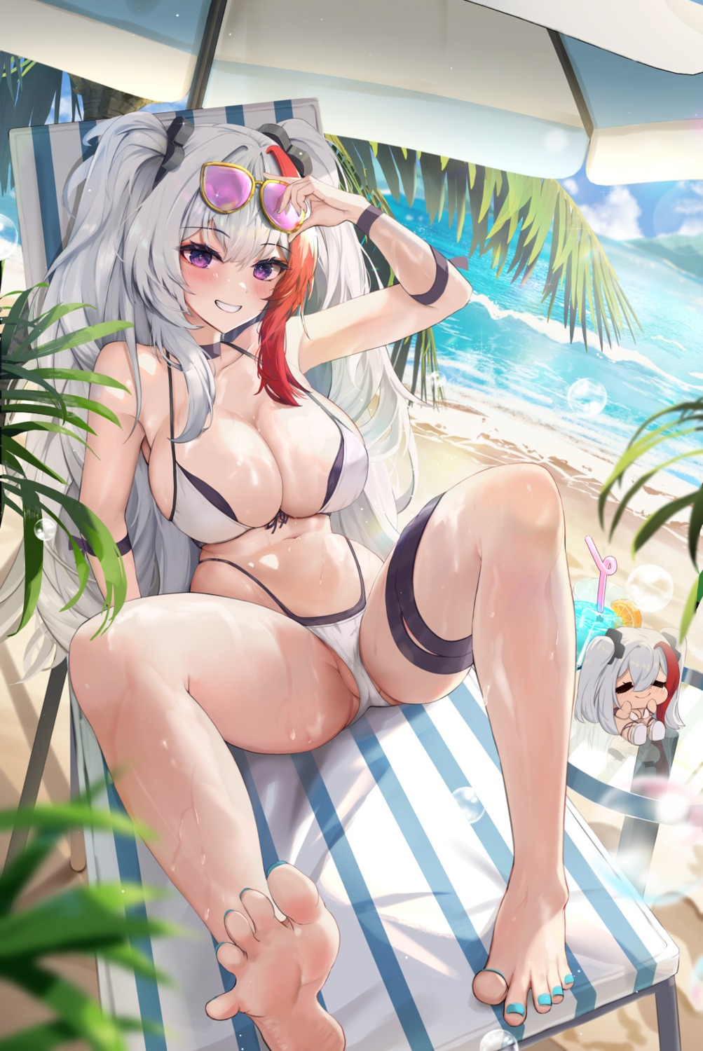 bikini cameltoe chibi cyken_(cyken0718) feet garter megane swimsuits thong wet