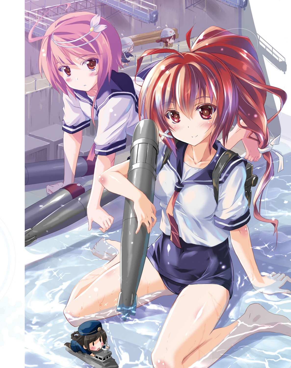 chibi digital_version feet i-168_(kancolle) i-58_(kancolle) kantai_collection komatsu_e-ji pantyhose school_swimsuit seifuku swimsuits uniform wet