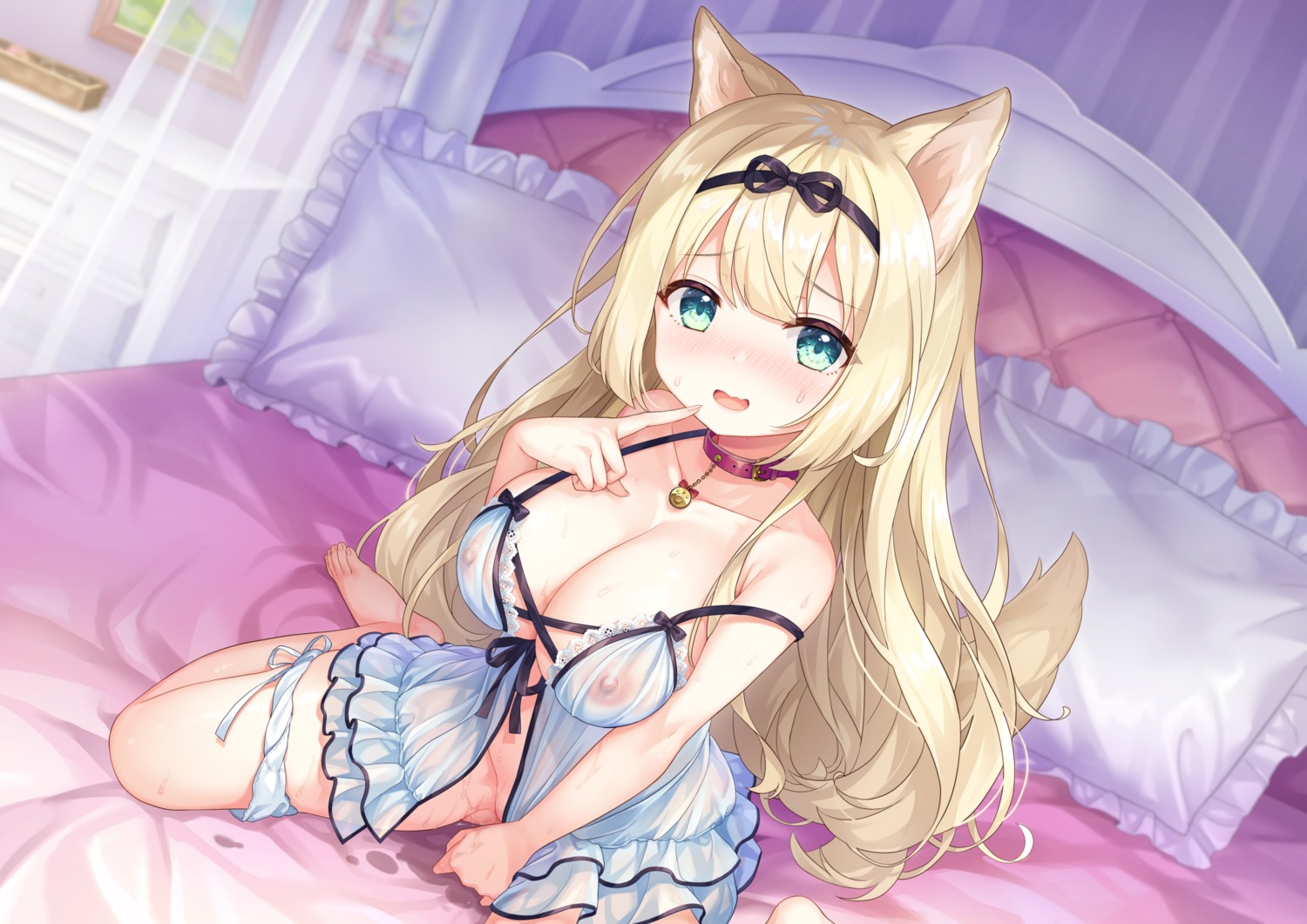 animal_ears lingerie nipples otosume_ruiko pantsu panty_pull pussy_juice see_through tail