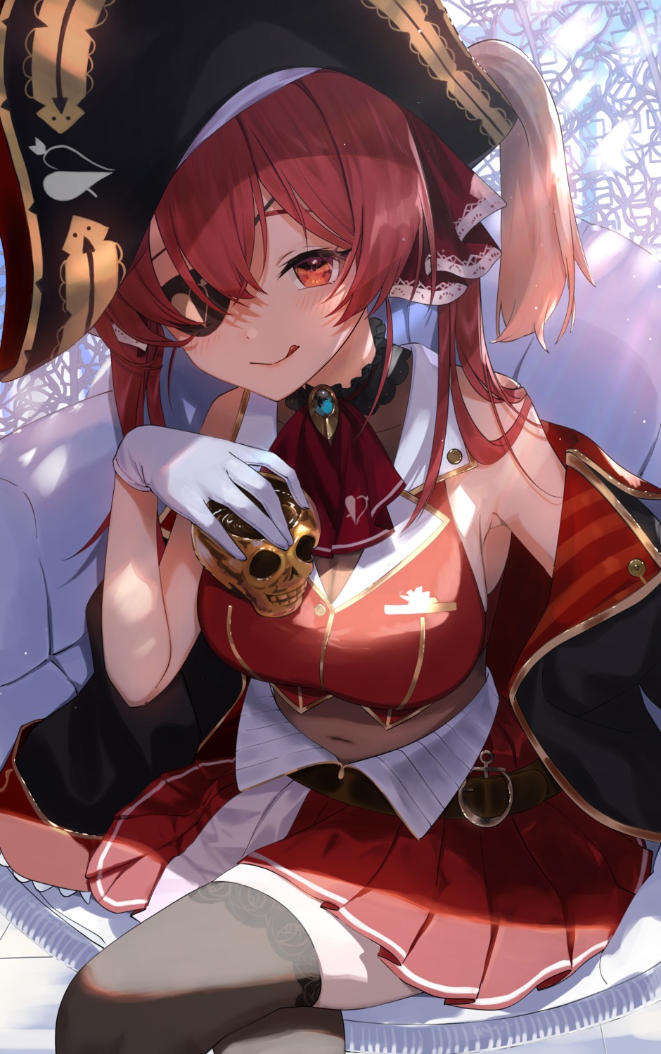 cleavage eyepatch hololive hoshikani houshou_marine pirate see_through thighhighs