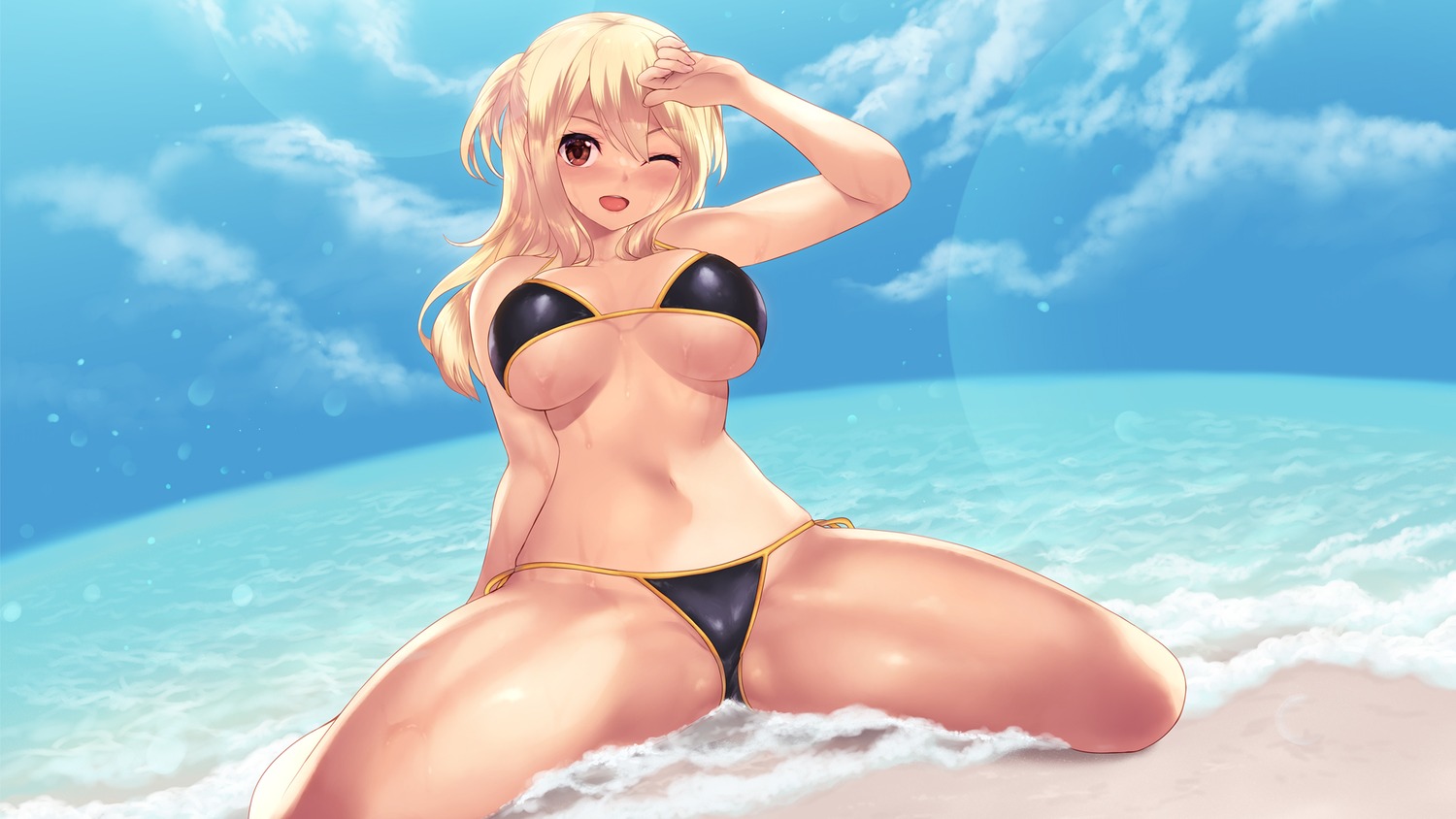 bikini cait cameltoe fairy_tail lucy_heartfilia swimsuits thong wallpaper wet