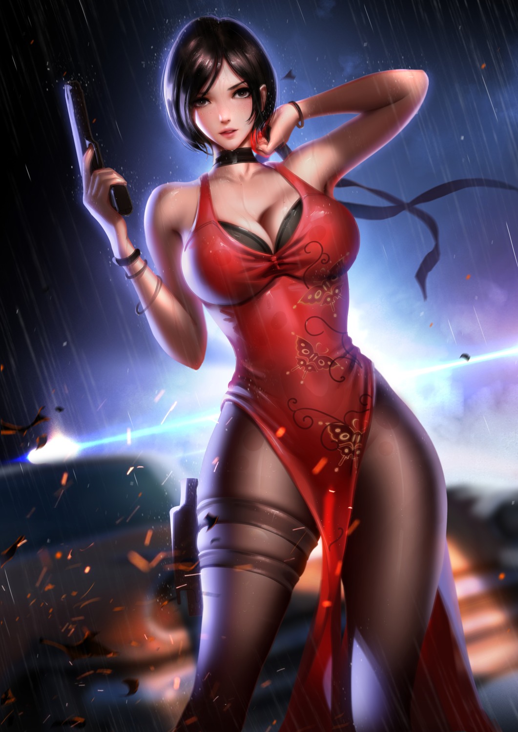 ada_wong bra cleavage dress garter gun liang_xing pantyhose resident_evil resident_evil_2 resident_evil_4 wet