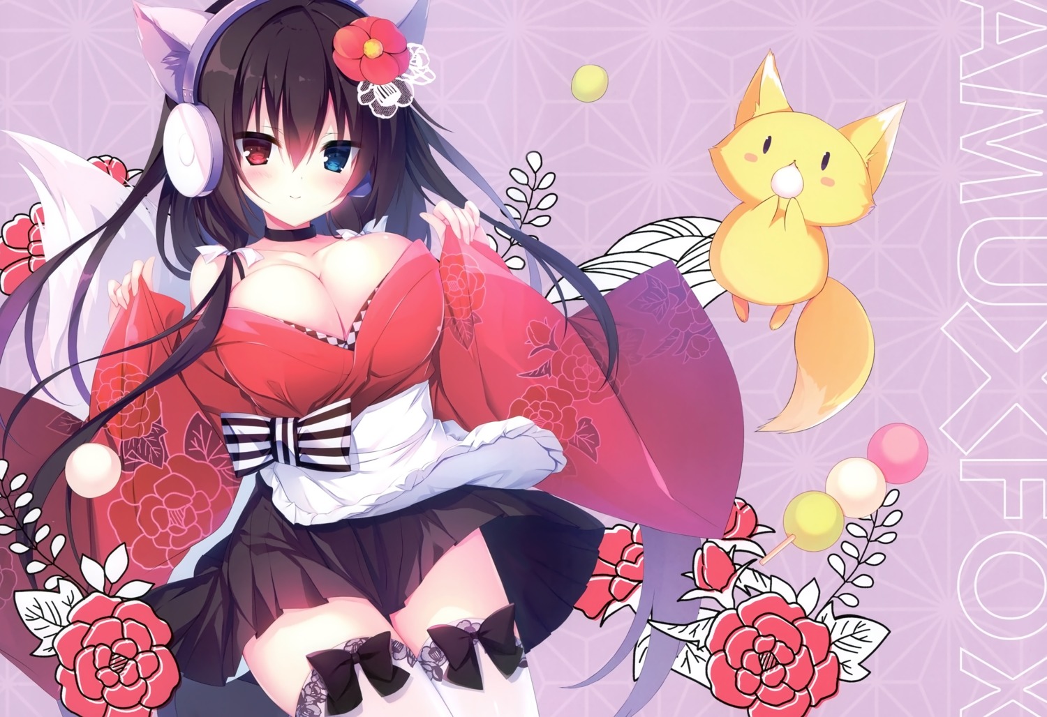 animal_ears apupop headphones heterochromia japanese_clothes muku_(apupop) no_bra open_shirt tail thighhighs