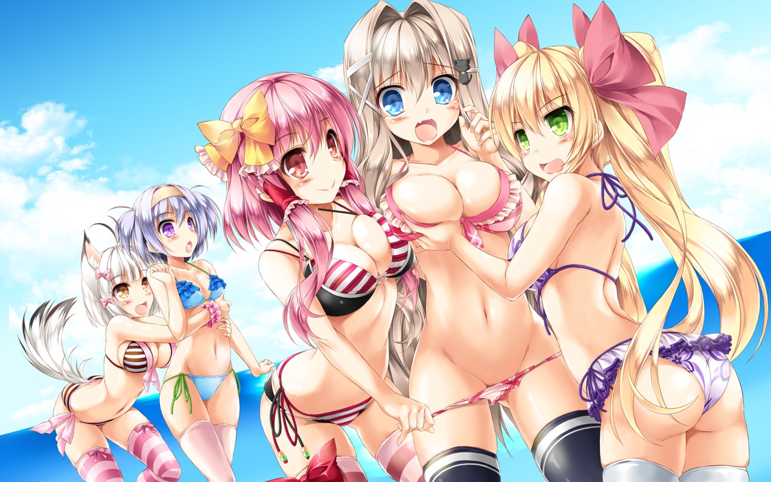 animal_ears ass bikini breast_grab cleavage kamiya_tomoe panty_pull swimsuits thighhighs undressing wallpaper yuri