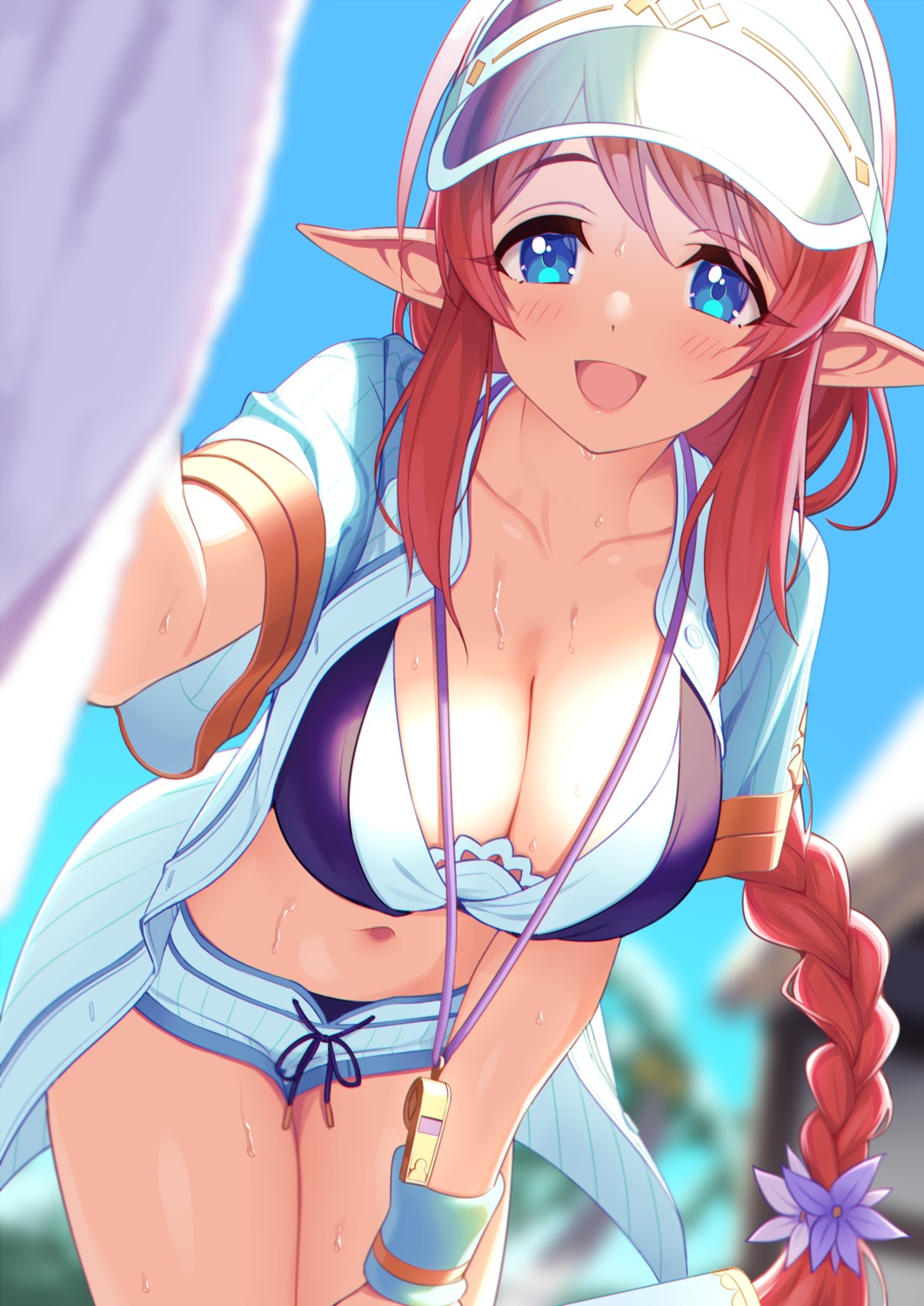 aikawa_misato bikini lunch open_shirt pointy_ears princess_connect princess_connect!_re:dive swimsuits wet