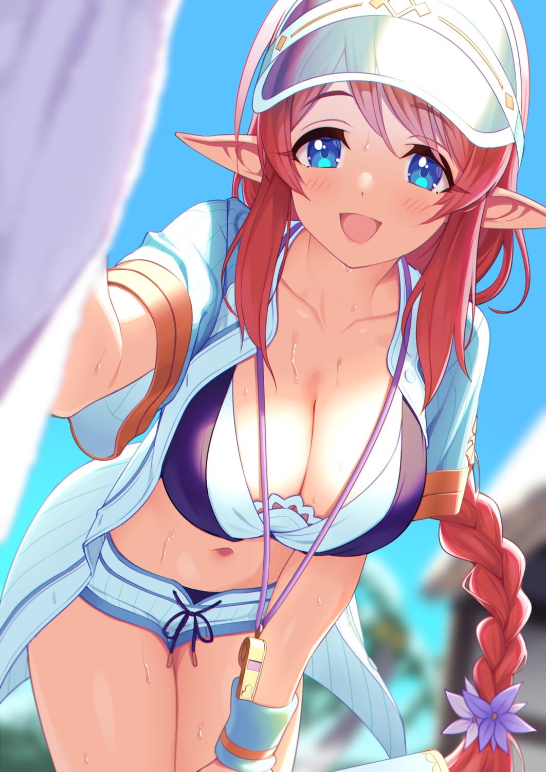 aikawa_misato bikini lunch open_shirt pointy_ears princess_connect! princess_connect!_re:dive swimsuits wet