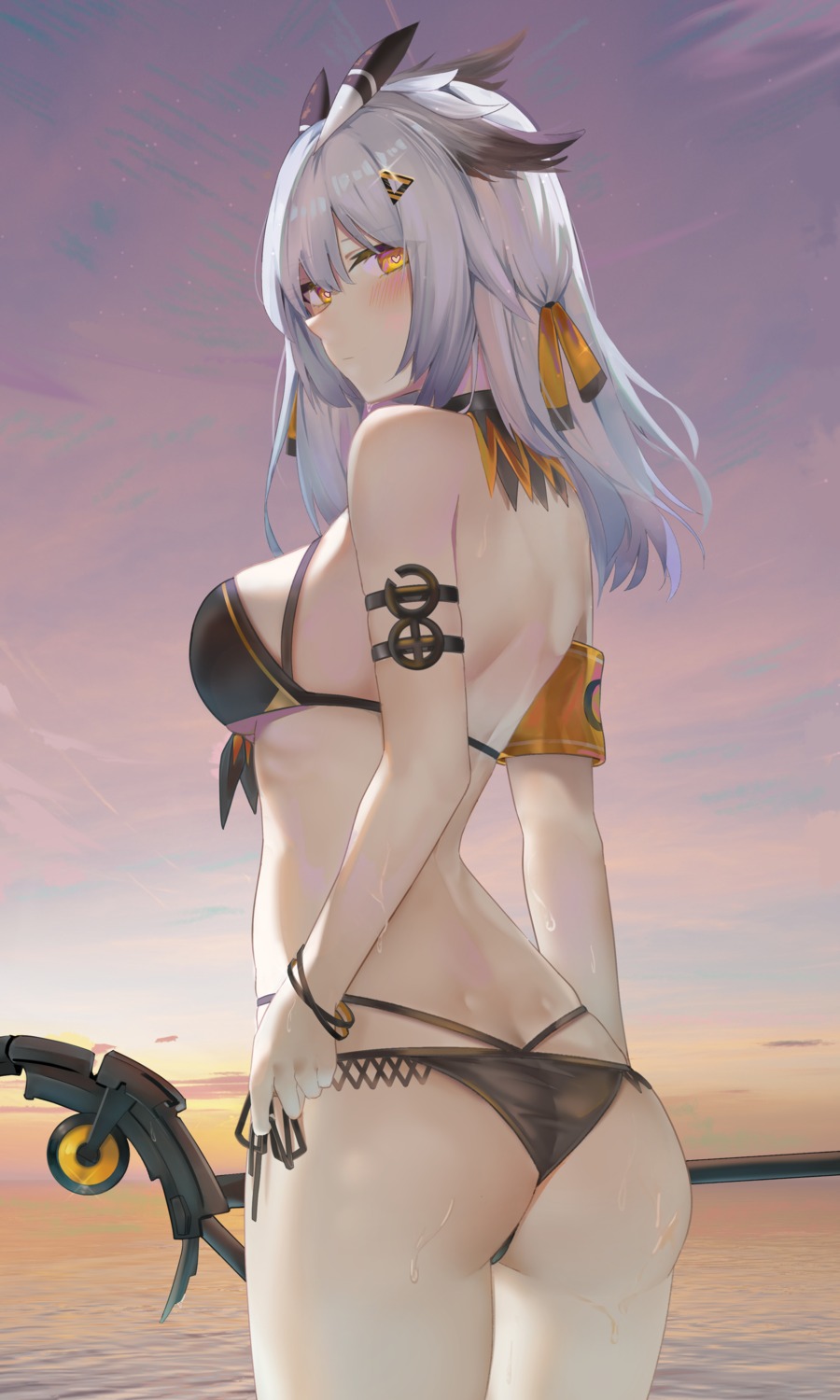 animal_ears arknights ass bikini ptilopsis_(arknights) ru_zhai swimsuits thong weapon wet