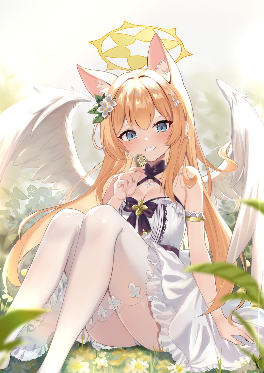 angel animal_ears blue_archive dress iochi_mari loli lydia601304 nekomimi no_bra pantsu skirt_lift thighhighs thong wings