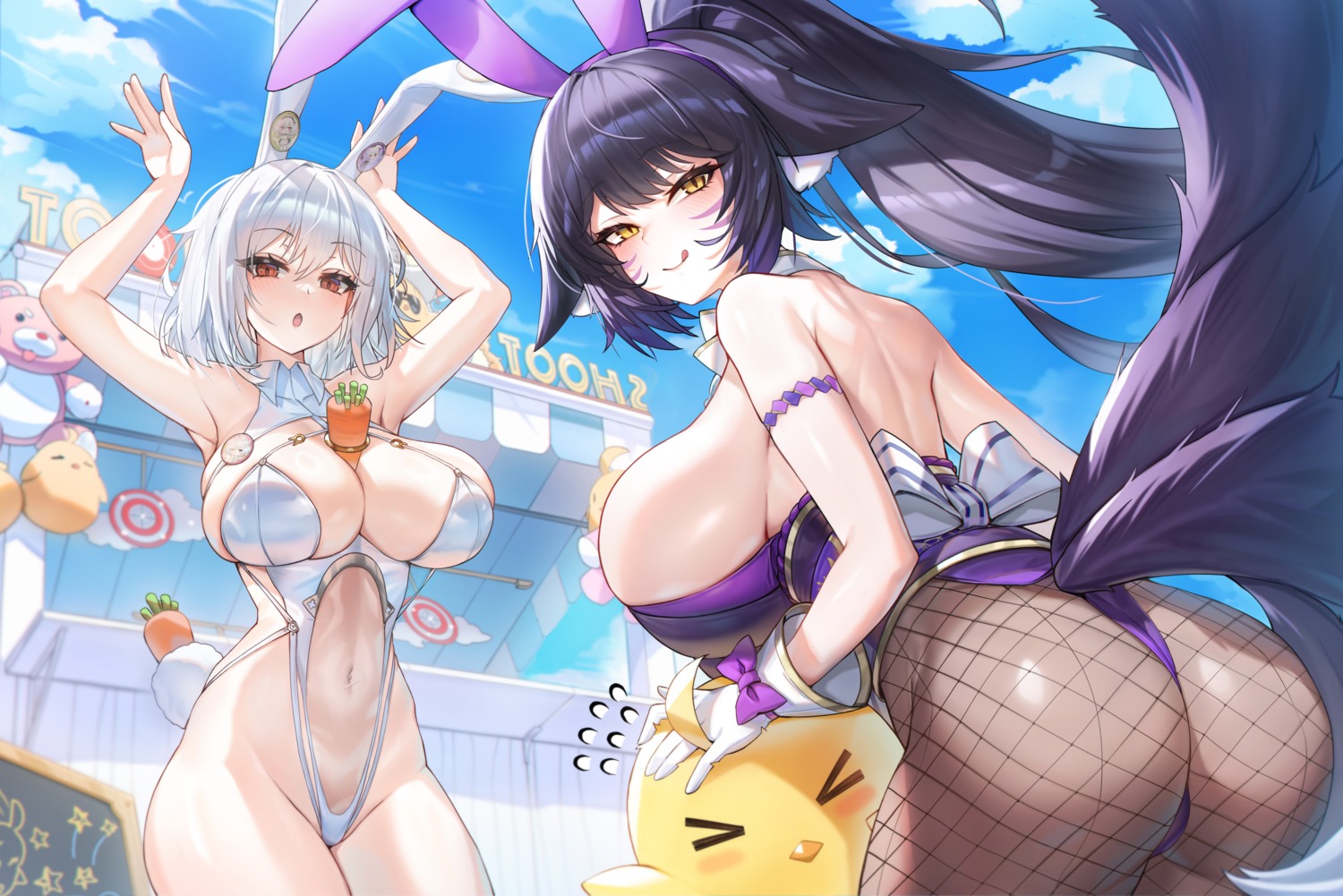 animal_ears ass azur_lane bunny_ears bunny_girl fishnets kitsune manjuu_(azur_lane) morung musashi_(azur_lane) no_bra pantyhose see_through sirius_(azur_lane) tail