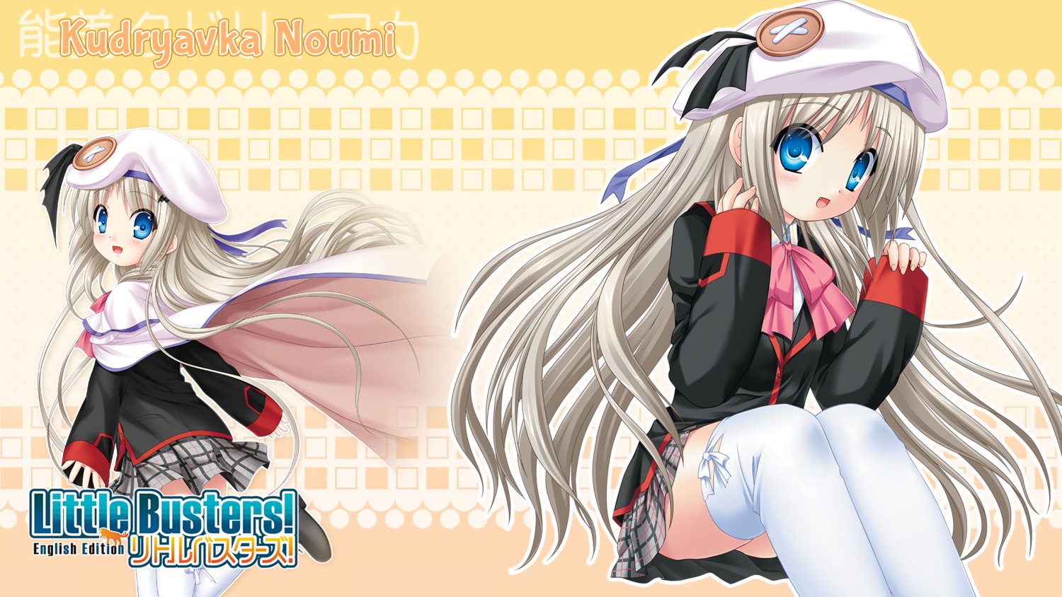 key little_busters! na-ga noumi_kudryavka seifuku skirt_lift thighhighs wallpaper