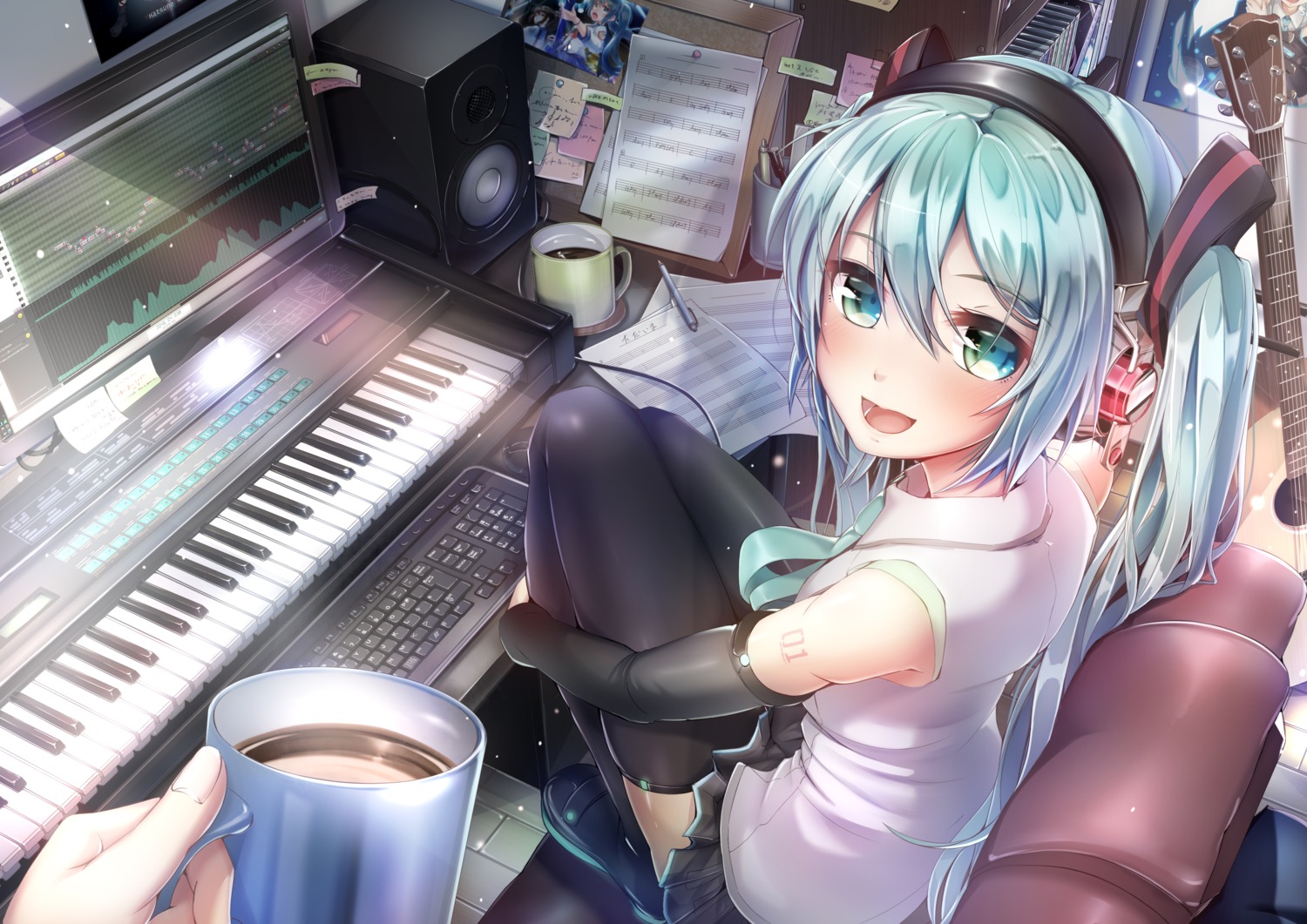 hatsune_miku headphones imo_bouya tattoo thighhighs vocaloid