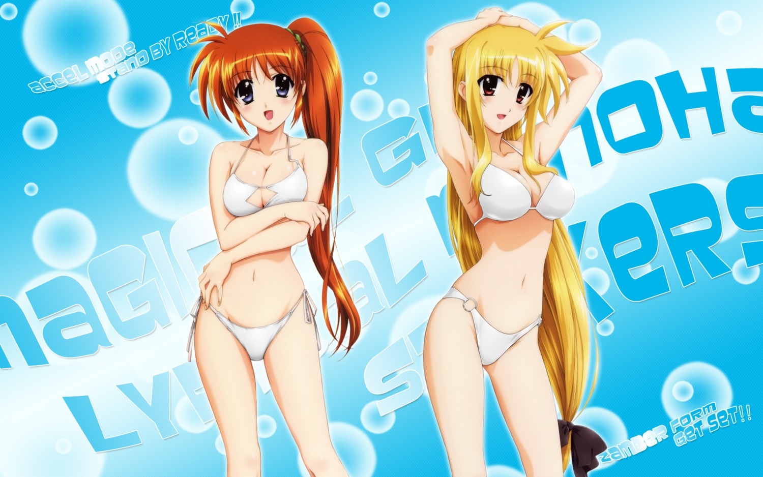 bikini breast_hold cleavage fate_testarossa mahou_shoujo_lyrical_nanoha mahou_shoujo_lyrical_nanoha_strikers swimsuits takamachi_nanoha wallpaper