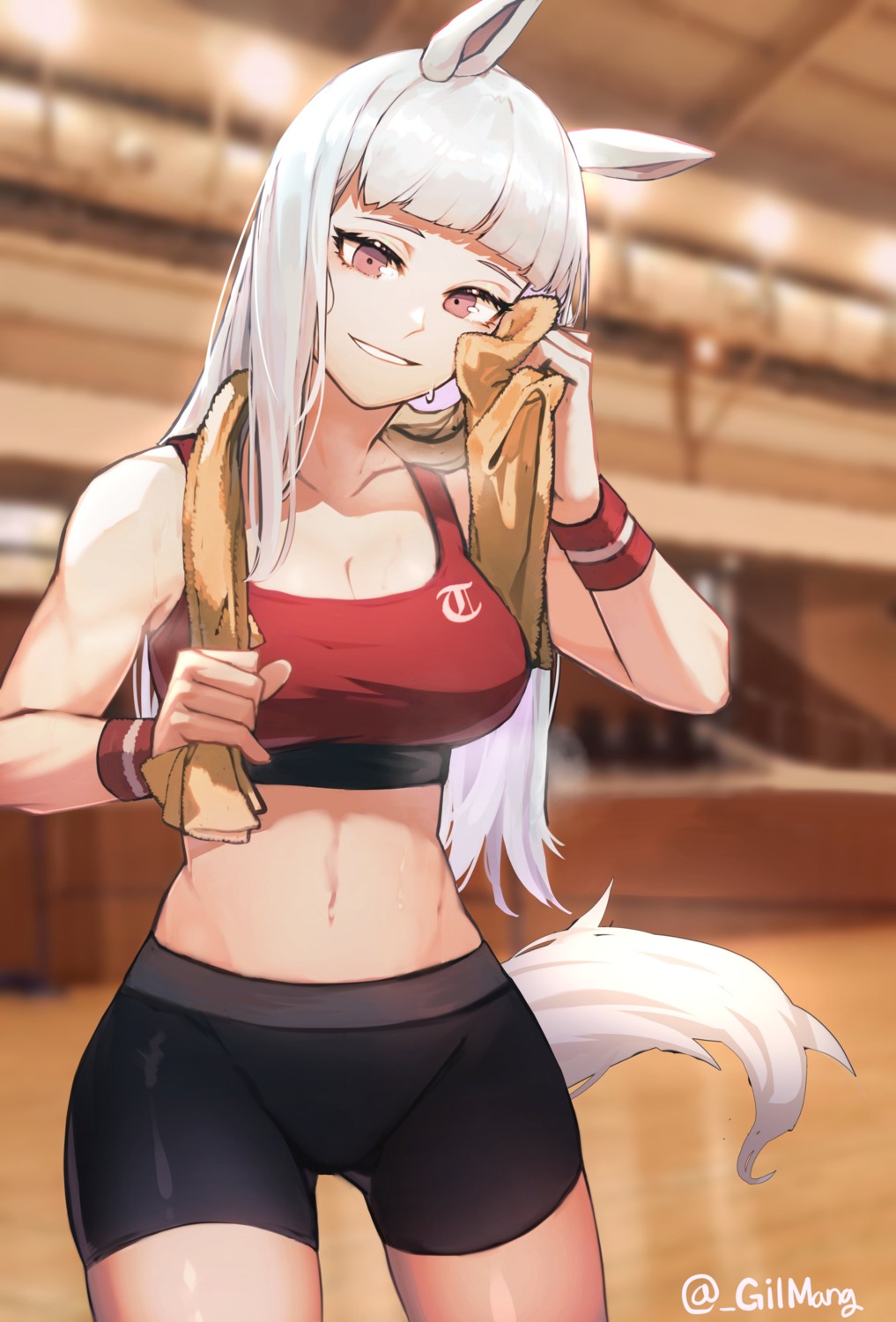 animal_ears bike_shorts gilmang gold_ship_(umamusume) gym_uniform tail towel uma_musume_pretty_derby