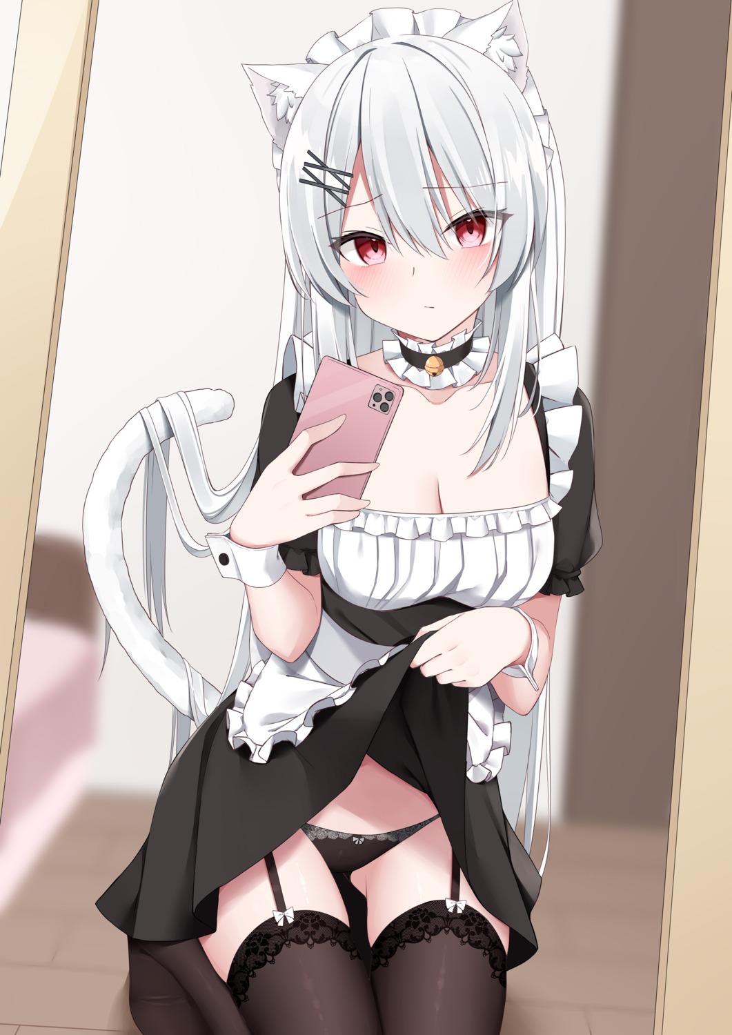 animal_ears cleavage kamu_(geeenius) maid nekomimi pantsu selfie skirt_lift stockings tail thighhighs