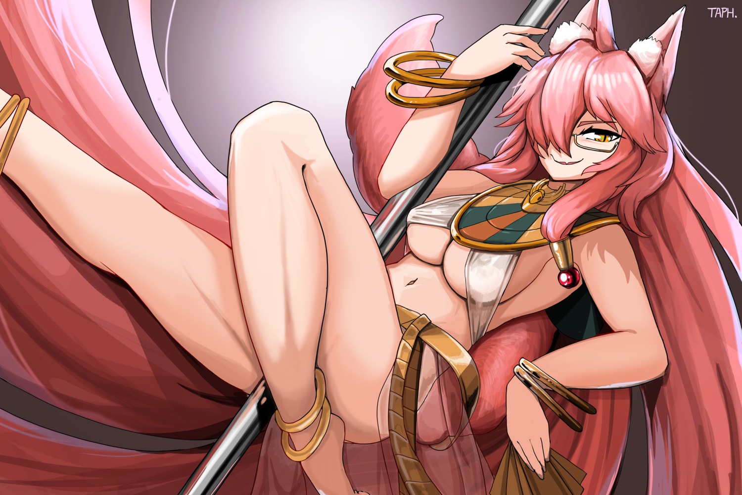 animal_ears erect_nipples fate/grand_order kitsune megane no_bra tail tamamo_vitch_koyanskaya taphris