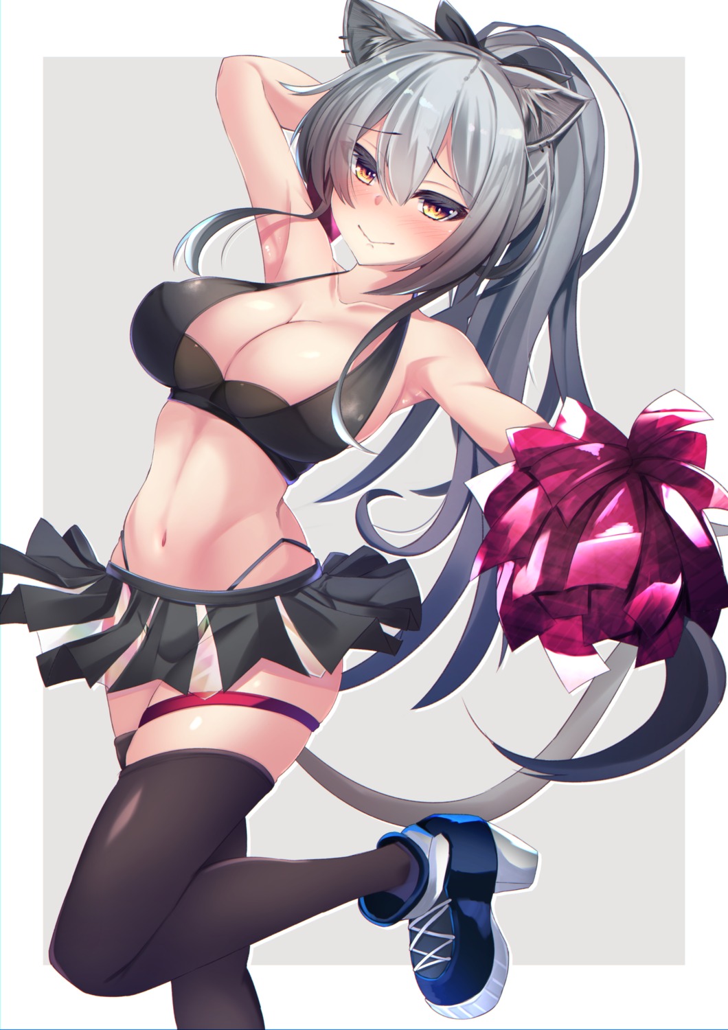 animal_ears arknights bikini cheerleader garter heels nekomimi schwarz_(arknights) skirt_lift swimsuits tail tamano_nae thighhighs