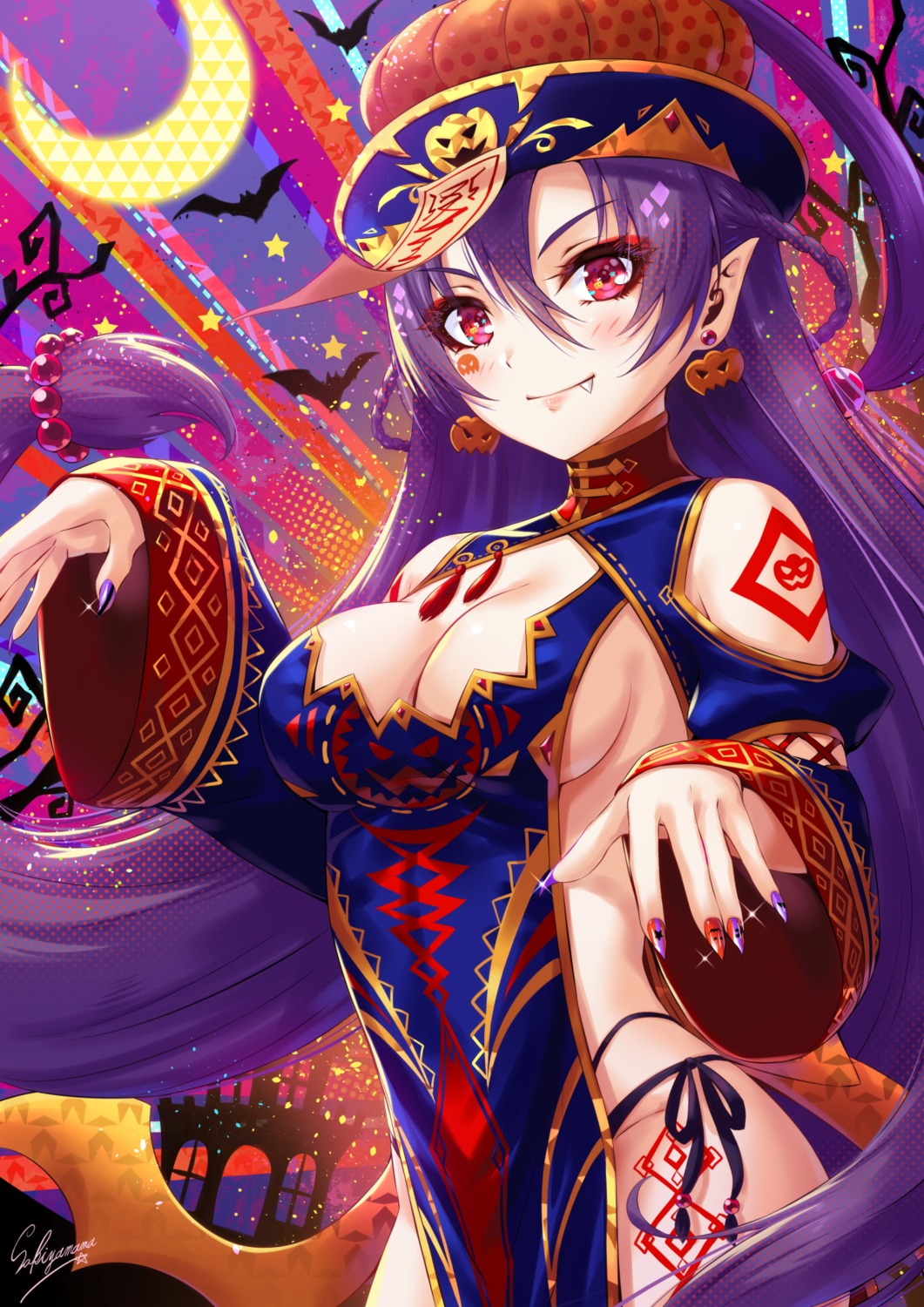 chinadress cleavage halloween no_bra pantsu pointy_ears sakiyamama string_panties tattoo