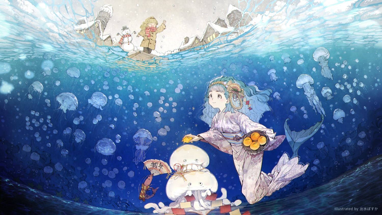 demizu_posuka kimono mermaid monster_girl tail wallpaper wet