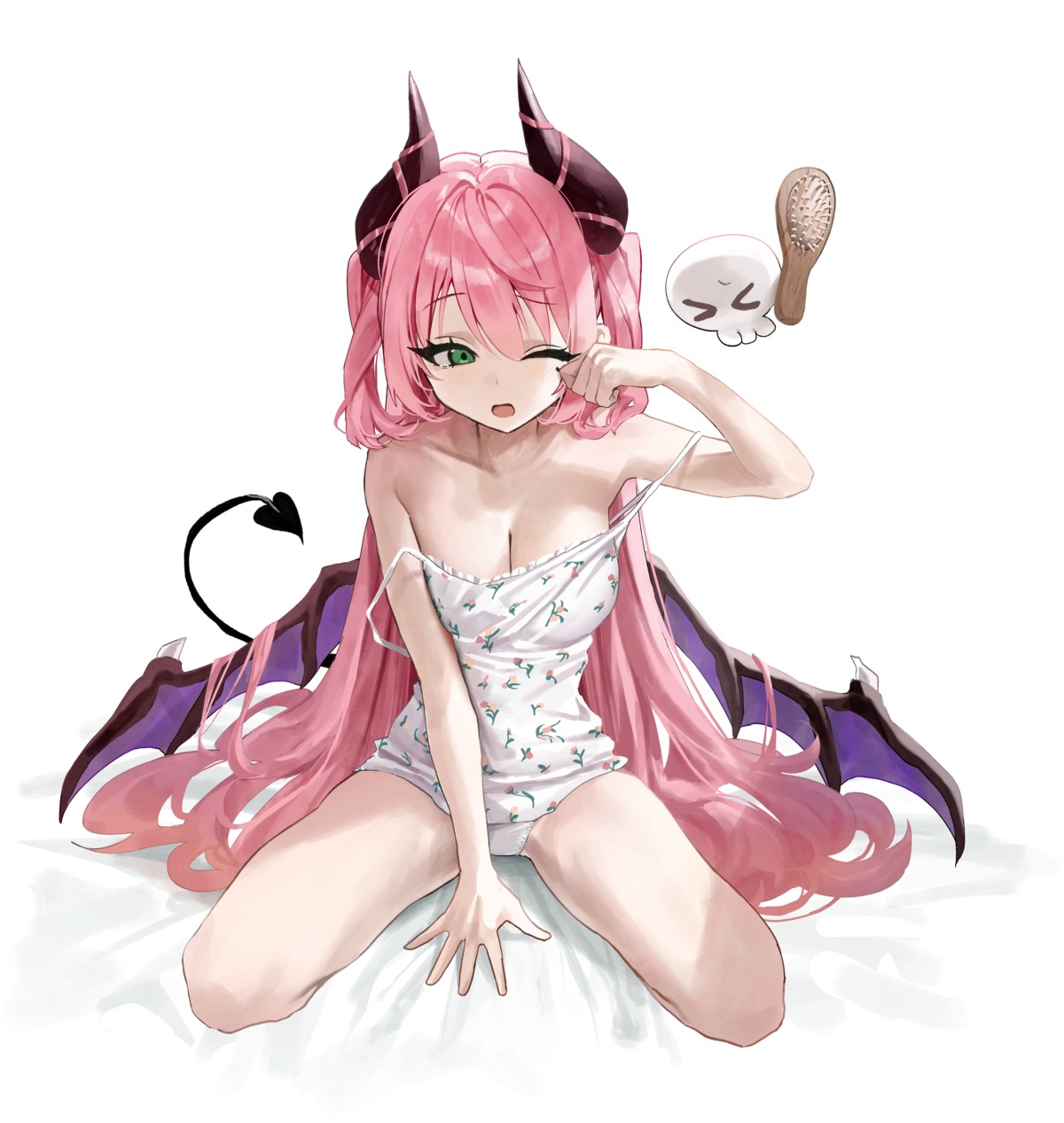 devil horns indie_virtual_youtuber pajama pantsu tachibana_wataru_(123tsuki) tail wings