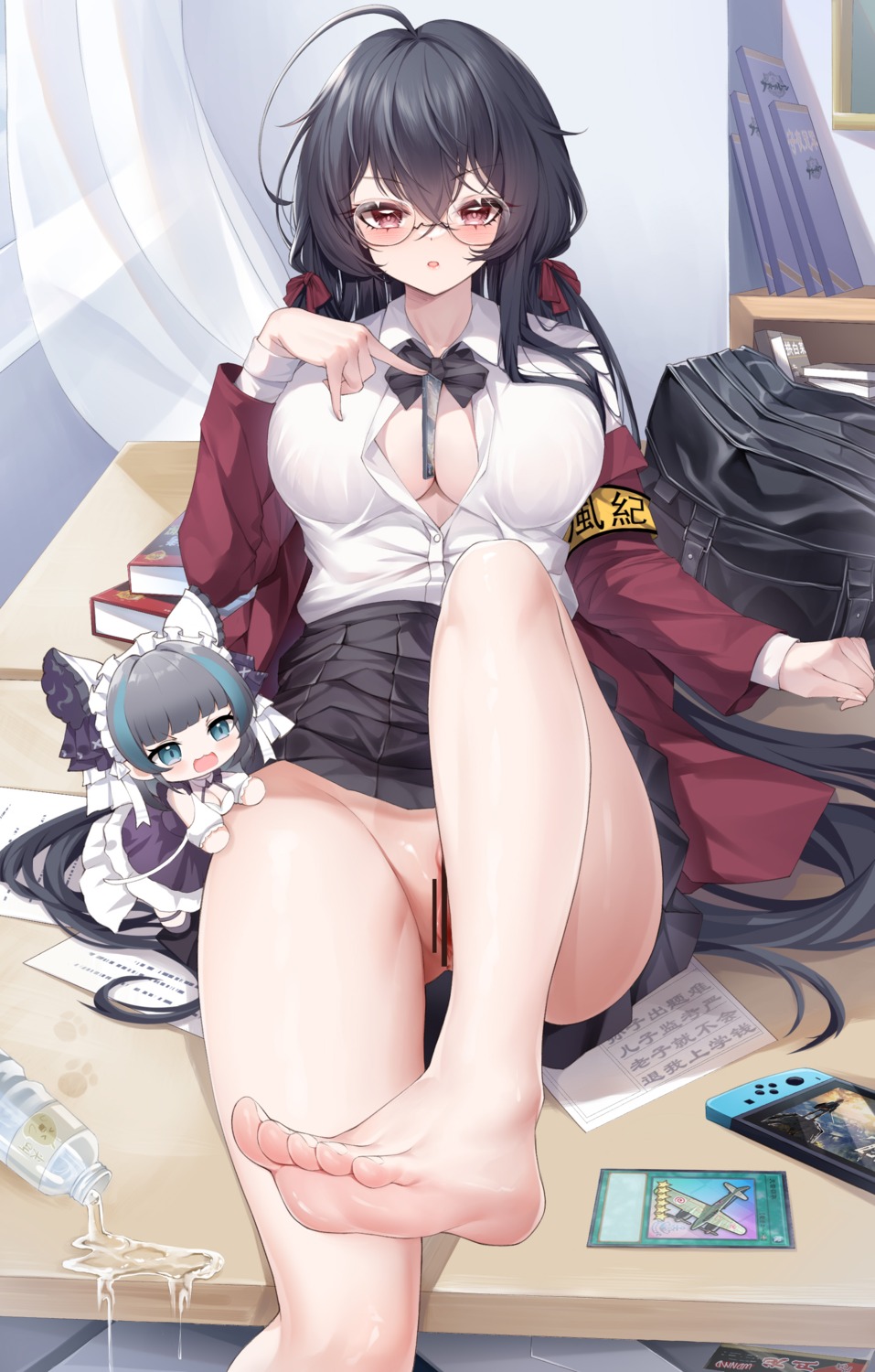 azur_lane censored cheshire_(azur_lane) chibi feet kanon_12361024 megane no_bra nopan open_shirt pussy seifuku skirt_lift taihou_(azur_lane)