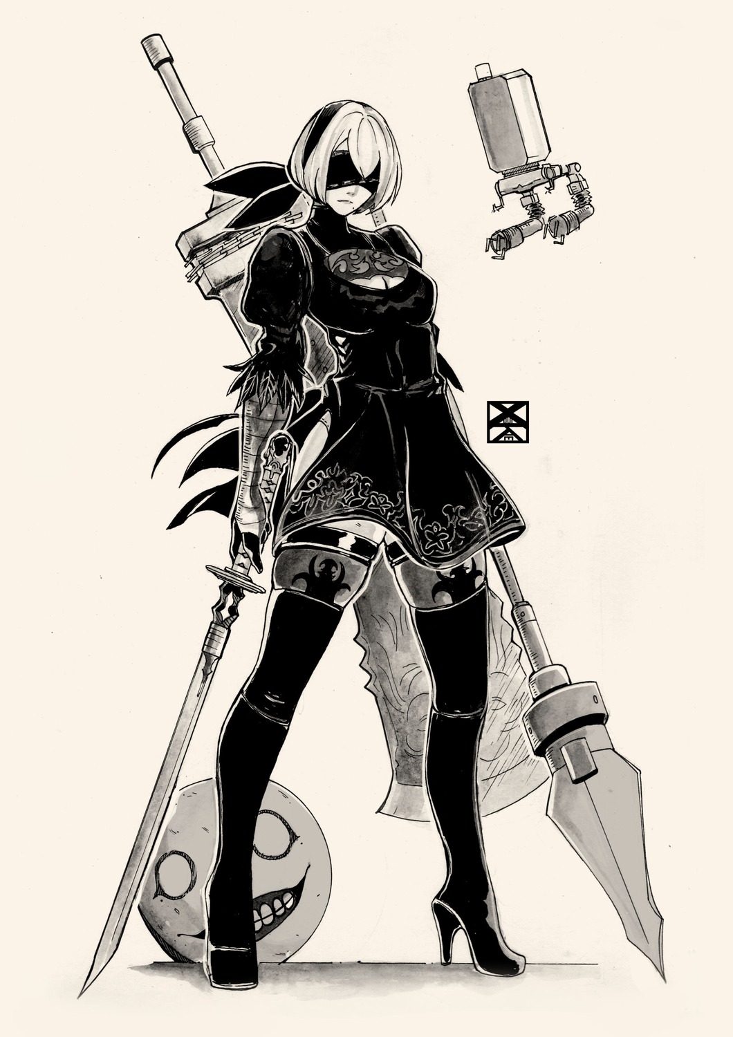 cleavage heels leotard monochrome nier_automata sketch sword thighhighs weapon xuuikie_ashe yorha_no.2_type_b