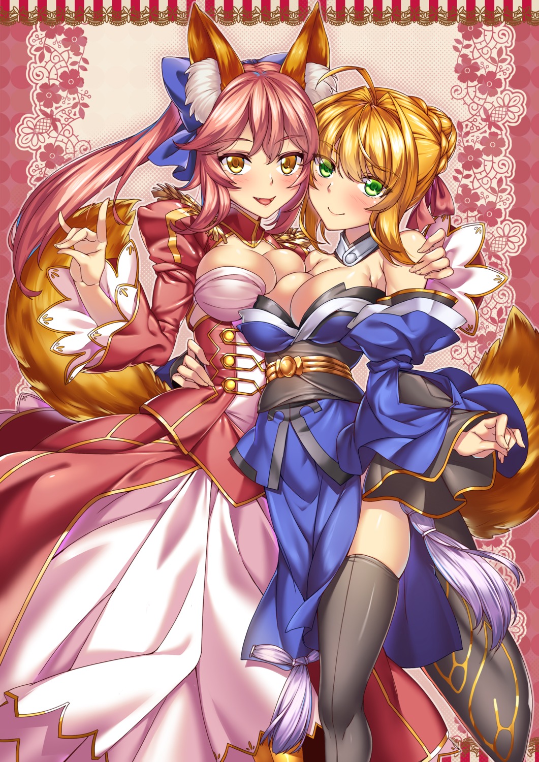 animal_ears cleavage cosplay dress fate/extra fate/grand_order fate/stay_night japanese_clothes merufena saber_extra tail tamamo_no_mae thighhighs