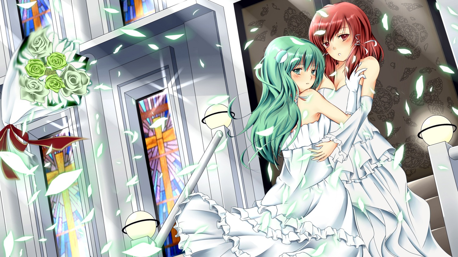 ahirun dress hakurei_reimu kochiya_sanae touhou wallpaper wedding_dress