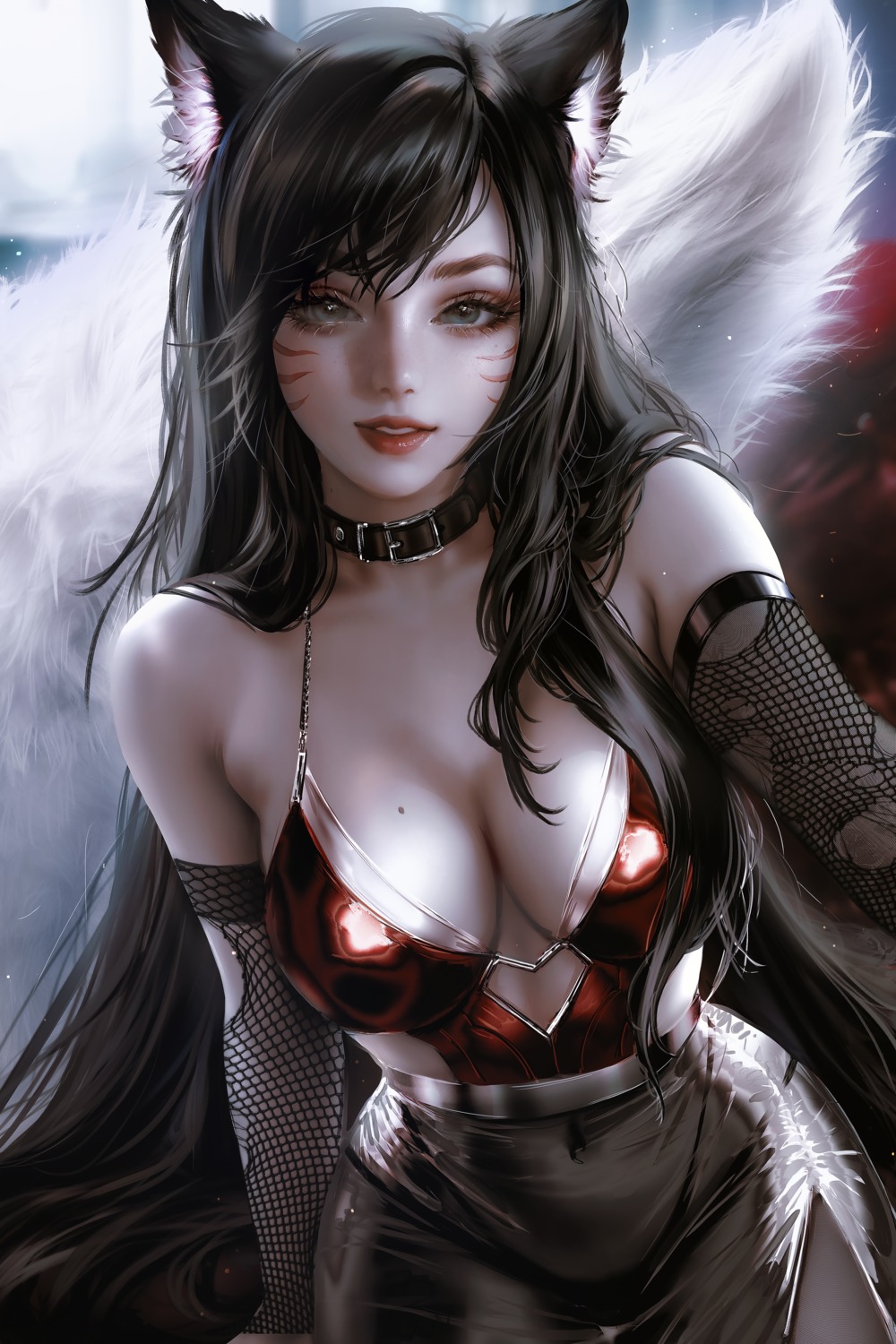 ahri animal_ears fishnets kitsune league_of_legends nixeu no_bra pantyhose selfie tail torn_clothes