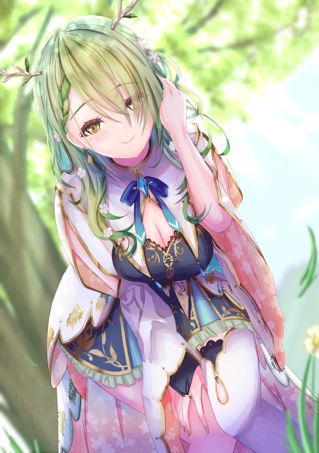 ceres_fauna cleavage hololive hololive_english horns mikage_hrk thighhighs