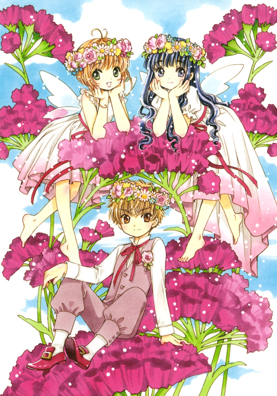 card_captor_sakura clamp daidouji_tomoyo dress kinomoto_sakura li_syaoran wings