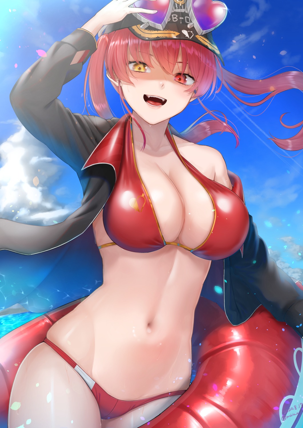 bikini heterochromia hololive houshou_marine megane open_shirt rushian swimsuits