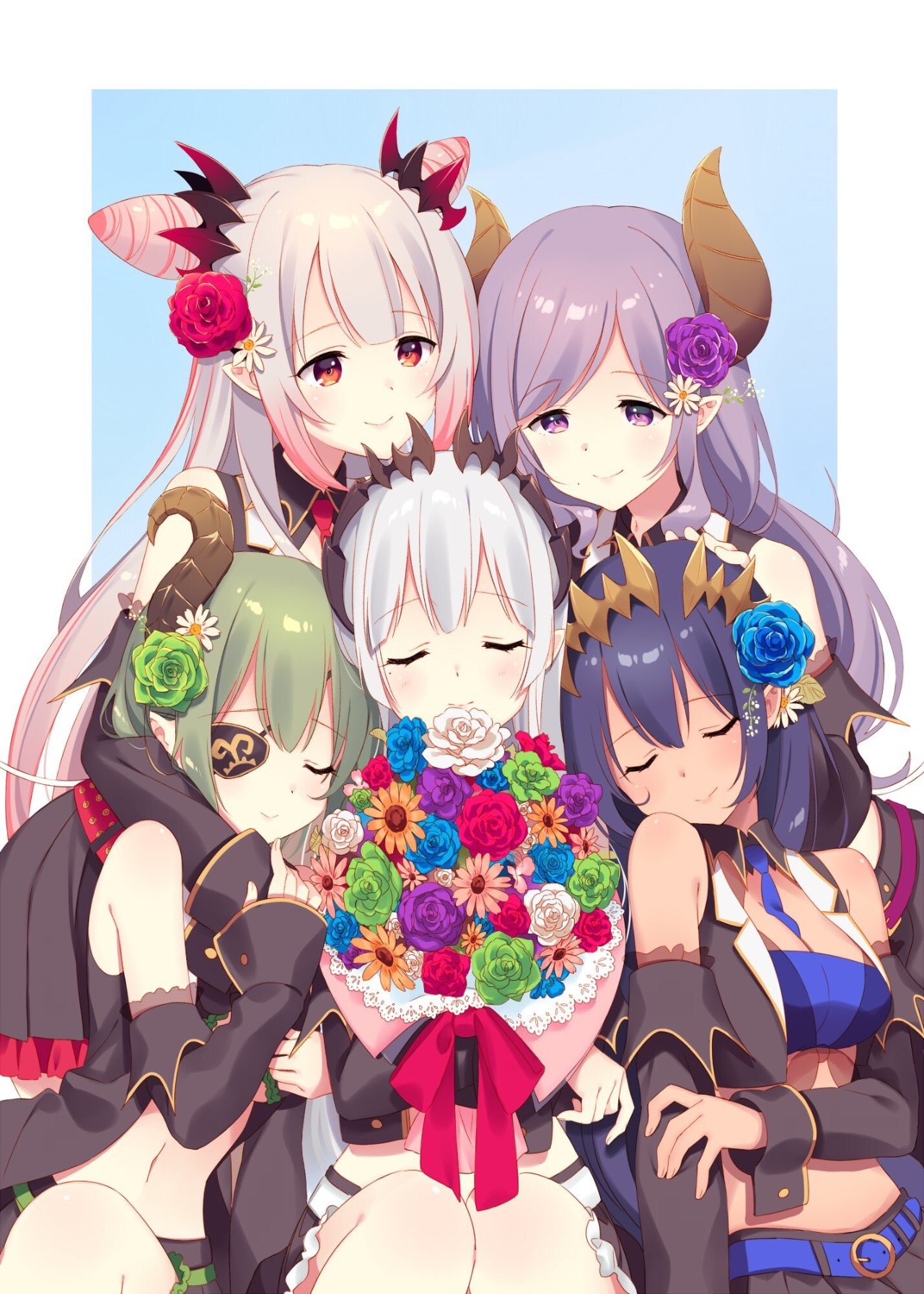 breast_hold cleavage eyepatch honey_strap horns nanashi_inc. pointy_ears saionji_mary see_through sekishiro_mico shimamura_charlotte sougetsu_eli suou_patra