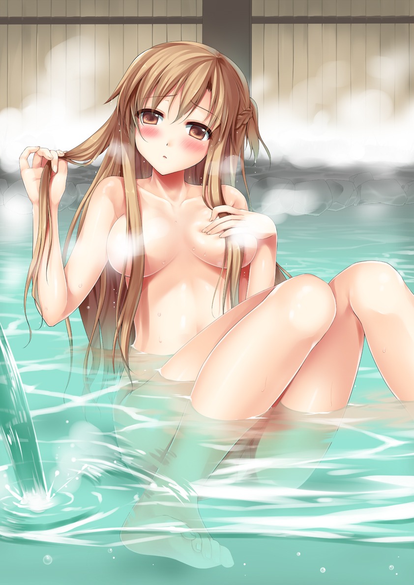 asuna_(sword_art_online) bathing naked onsen sousouman sword_art_online wet