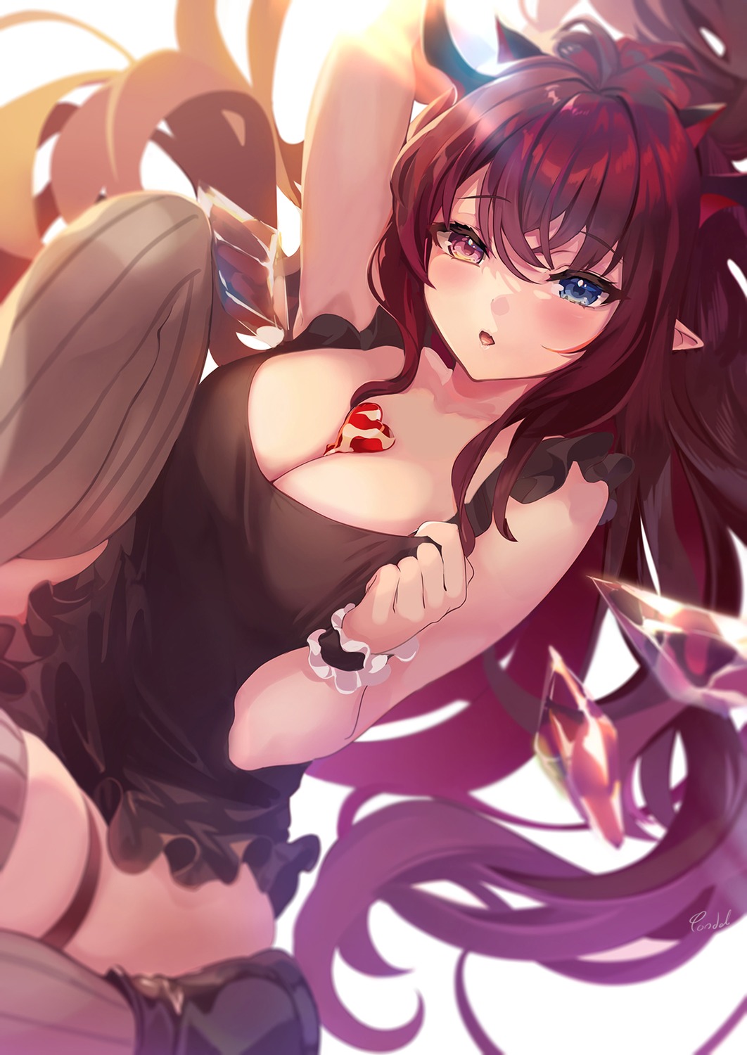 cleavage garter heterochromia horns no_bra pointy_ears pondel thighhighs